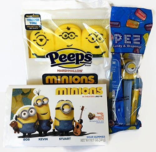 Minions Trio Candy Delight! 3 Piece Bundle Includes Minion Peeps, Minion Sour Gummies, Stuart PEZ!