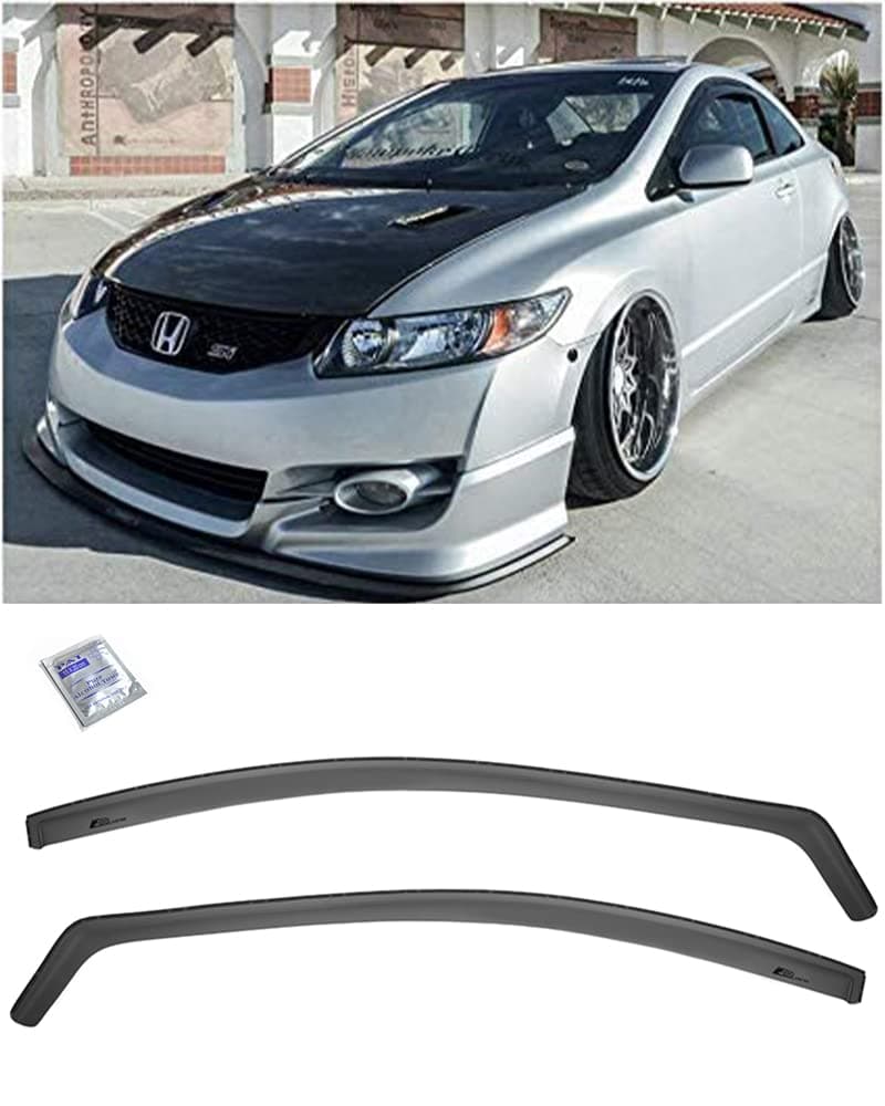 Repalcement for 2006-2011 Honda Civic Coupe Models | EOS Visors JDM in-Channel Style Smoke Tinted Side Vents Window Deflectors Rain Guard DWV-V11