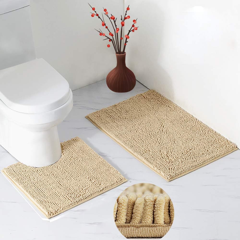 LUFENG Bath Mat Set 2 Pieces, 20 * 31'' Bathroom Mat and 20 * 20'' U Shape Toilet Rug with Non Slip Adhesive Bottom, Bath Rug for Floor Tub Shower Bedroom, Machine Washable (Camel)