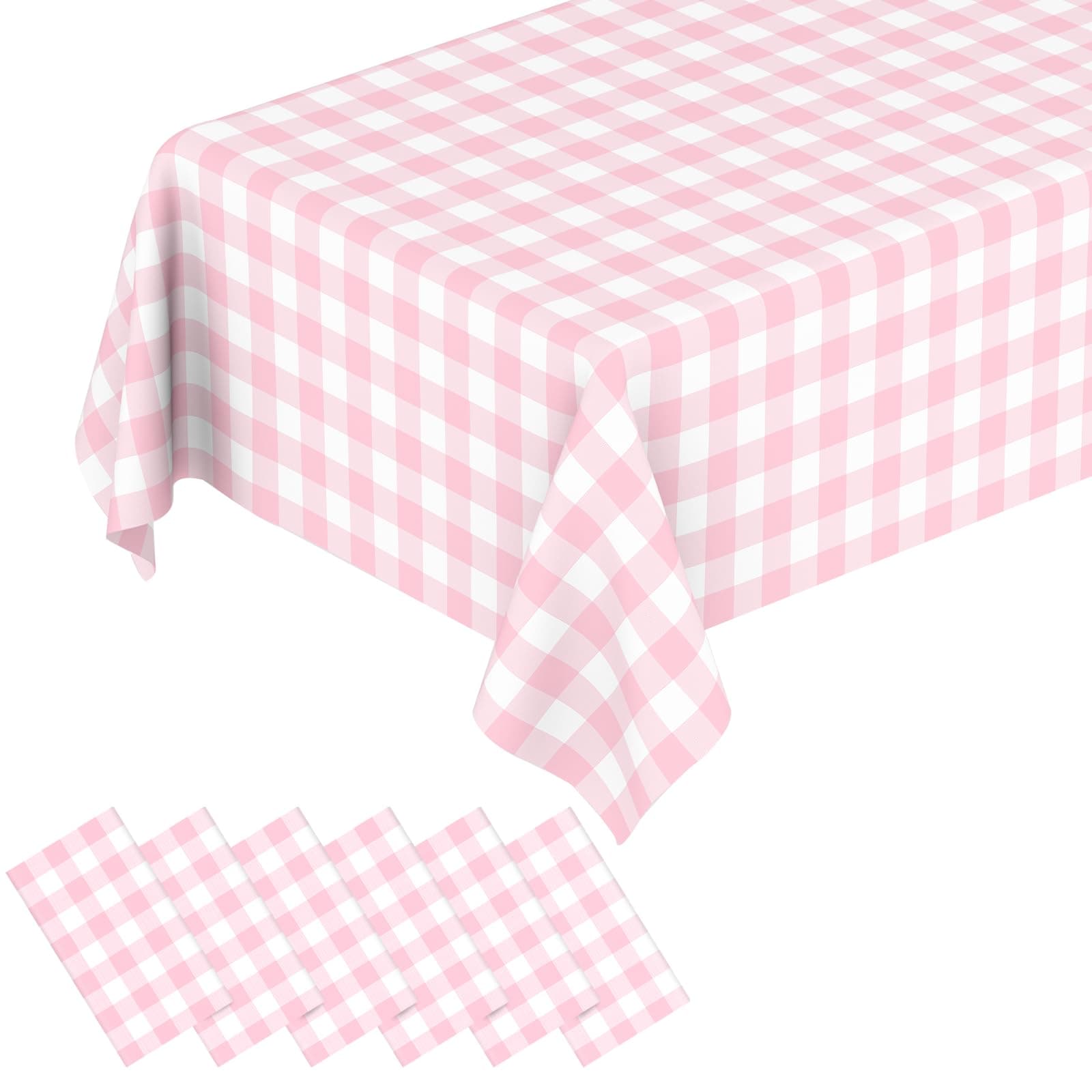 6 Pcs Pink Gingham Tablecloth Pink Disposable Plastic Checkered Table Cloths for Parties Disposable, Waterproof Rectangular Pink & White Table Cover for Camping, Birthday, Party, Picnic 54 × 108 Inch