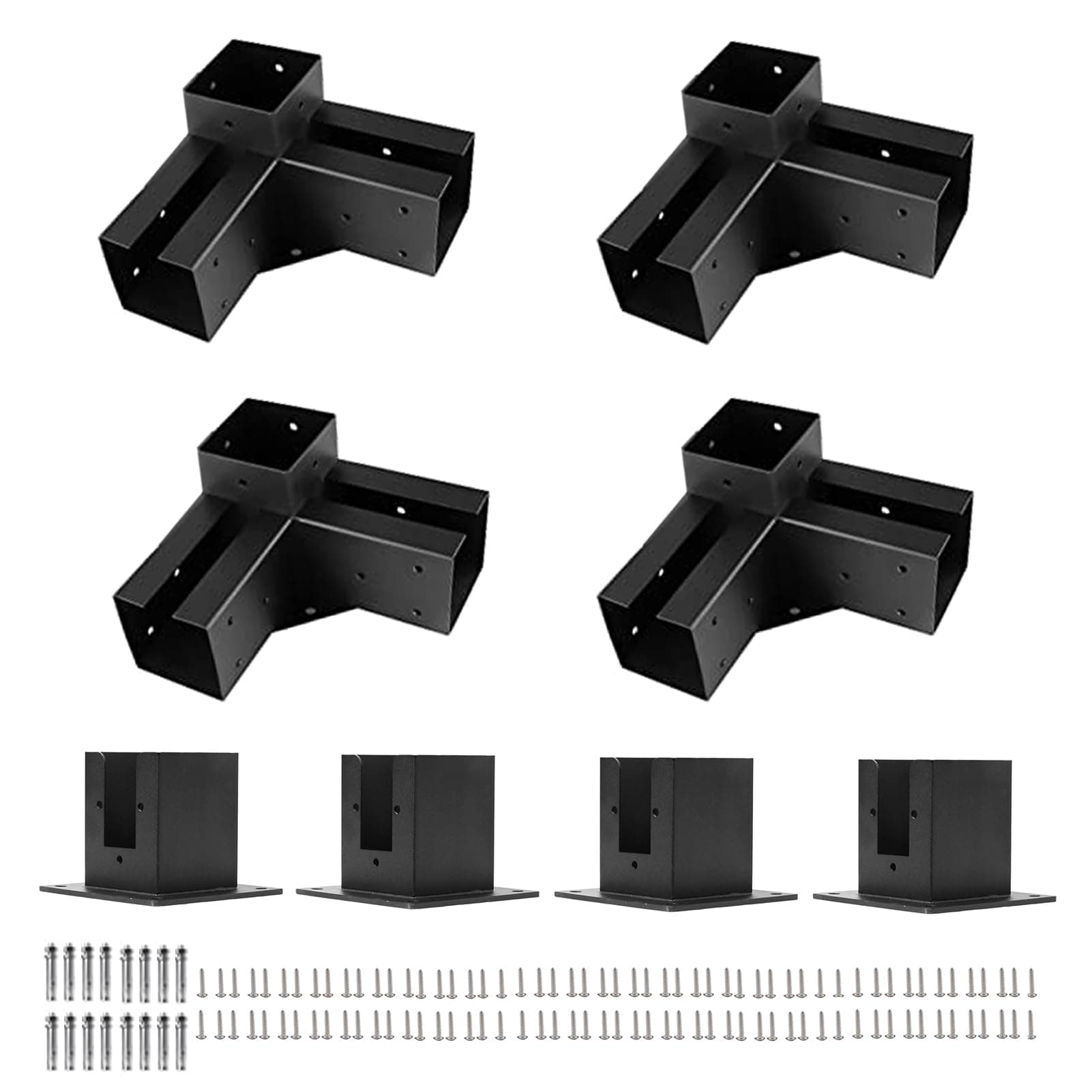 8pcs Pergola Bracket Kit 4x4 Base and Corner Connect, Woodwork Pergola Kit with SS Anchor Bolts and Self Screws, Elevated Wood Stand Kit fit for Gazebo 4" x4” Lumber
