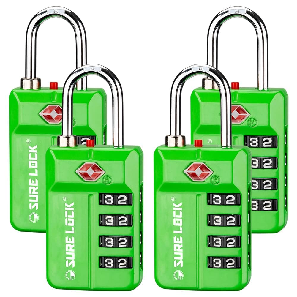 SURE LOCK TSA Approved 4-Digit Resettable Combination Luggage Locks with Open Alert, Easy-Read Dials - for Luggage, School Lockers, Gym, Office, Toolbox & Security Cases(Green 4 Pack)
