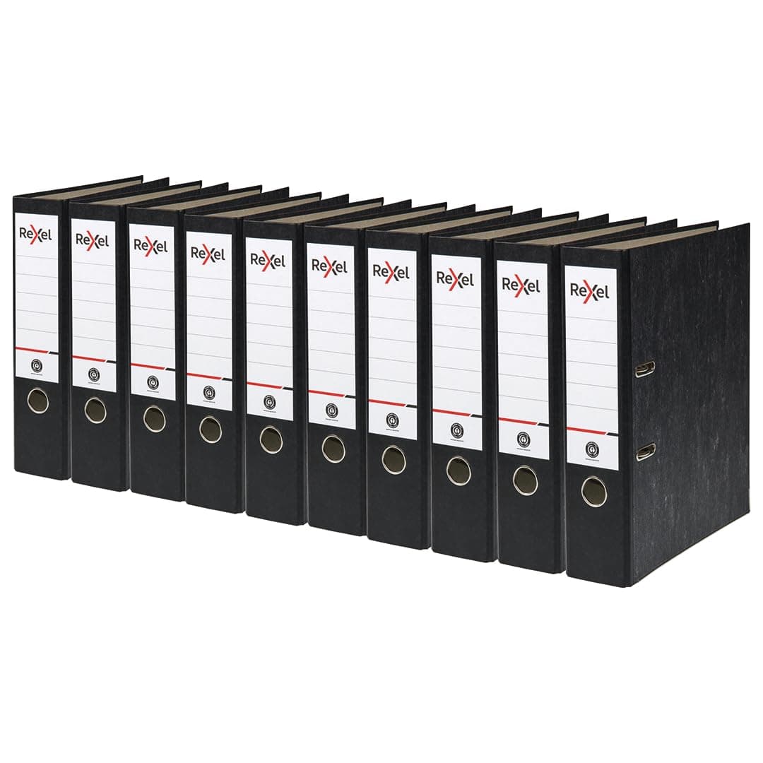 10 x Rexel A4 Lever Arch Files, Black, 500 Sheets Capacity, 75 mm Spine Width, Strong & Durable Paper on Board, Ideal for Filing and Archiving at Home, School and The Office, AZ2115547