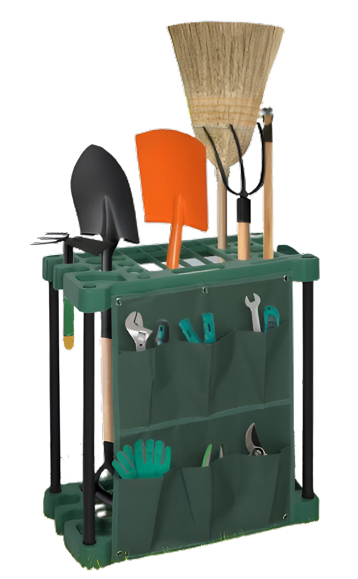 Durable Plastic Mobile Weatherproof Garden Tool Storage Rack - Lightweight Portable Caddy - Free Standing Unit Tidy Organiser for 40 Garden Tools with Multiple Pouches - Easy Assembly