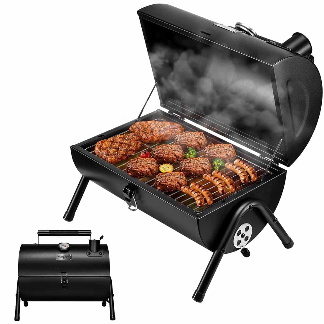 MAISON HUISAdjustable Portable Charcoal Grill Multi-functional Metal Small BBQ Smoker for Outdoor Hiking(Black)