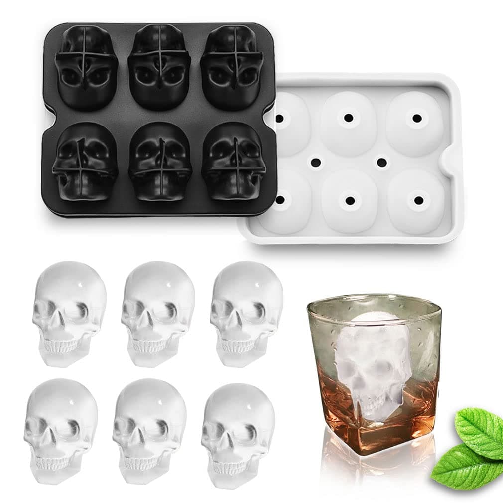 Large Skull Ice Cube Mold Silicone Ice Cube Tray with Transparent lid, A Set of 6 Flexible Silicone Ice Maker, Ice Trays for Freezer for Whiskey, Cocktails, Champagne and Drinks