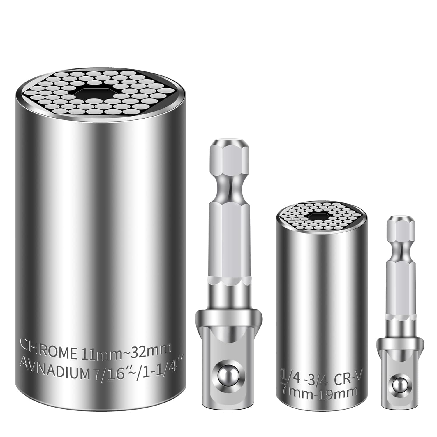 Super Universal Socket (11-32mm 7-19mm) Tool Gifts For Men Wrench Set Professional Sockets Tools Multi-function Wrench Repair Kit with Power Drill & Ratchet Wrench Adapter Chrome Vanadium Steel (4PCS)