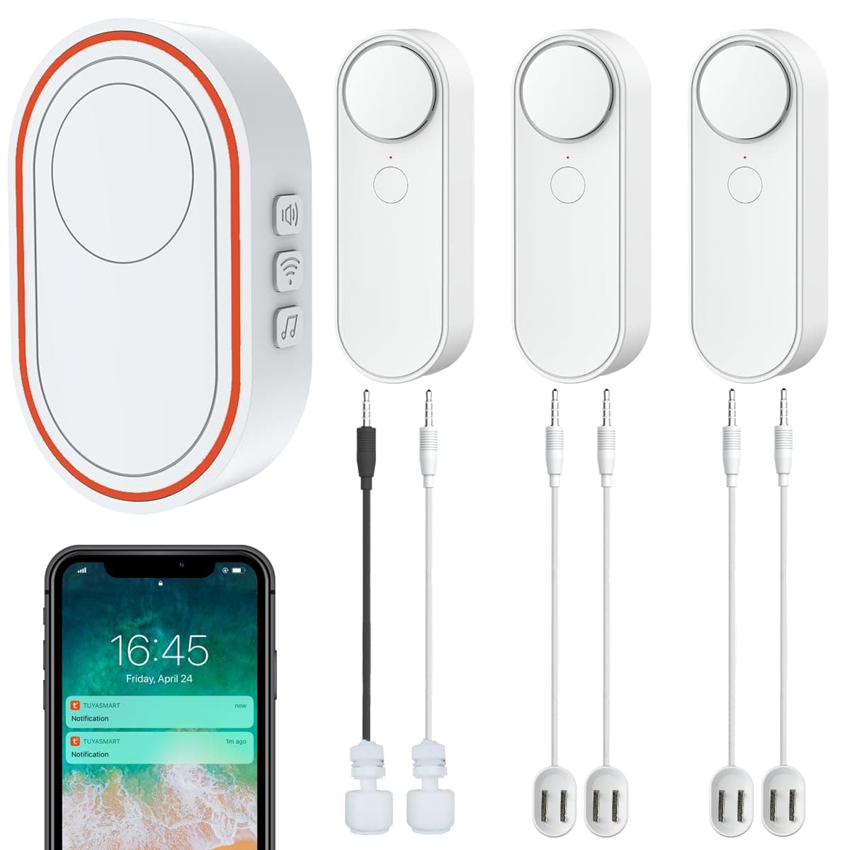 Wi-Fi Water Detector Kit, 1 Smart Hub, 3 Wireless Sensors, 4 Leakage Probes, 2 Float Probes for Water Level, High/Low/Leak Can be Detected Simultaneously, APP Monitoring, 5M Cable