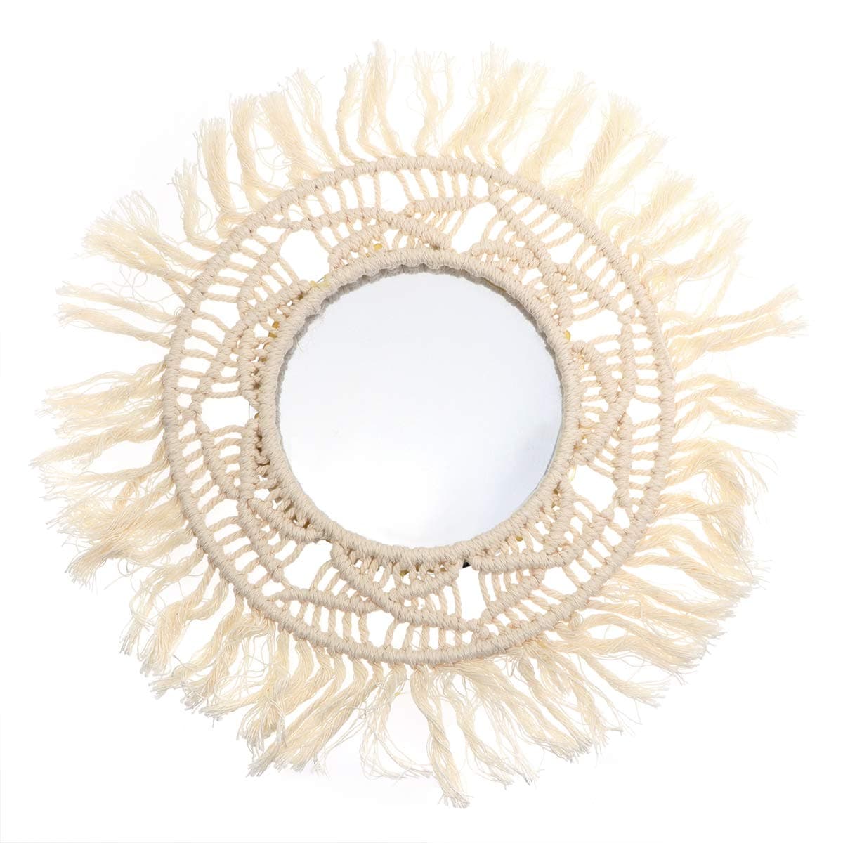 VOSAREA Macrame Hanging Wall Mirror with Boho Fringe Round Decorative Mirror for Apartment Home Bedroom Living Room Decor
