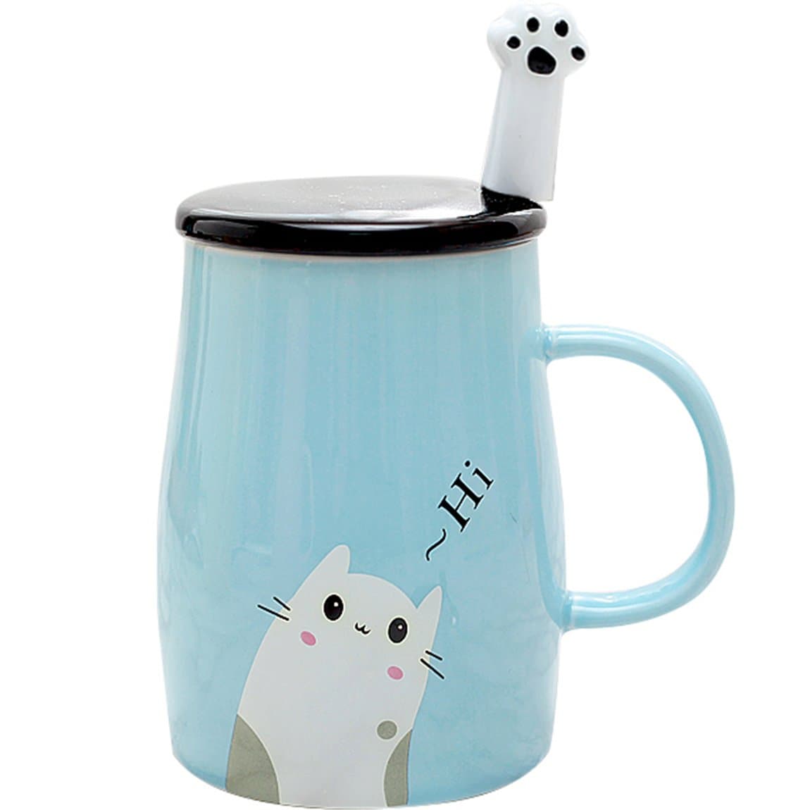 Cute Blue Cat Mug, Funny Ceramic Cofffee Mug with Stainless Steel Spoon, Novelty Coffee Mug for Crazy Cat Lovers