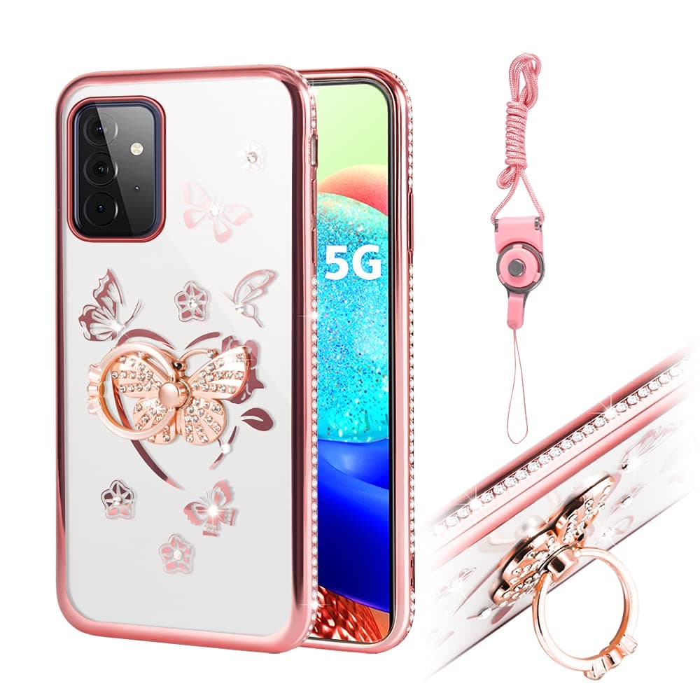 for Samsung Galaxy A72 5G Phone Case, Flash Iris Series - Thin Luxury Shiny Rhinestone Transparent TPU Case with Butterfly Diamond Ring Stand a72 5g -Rose Gold