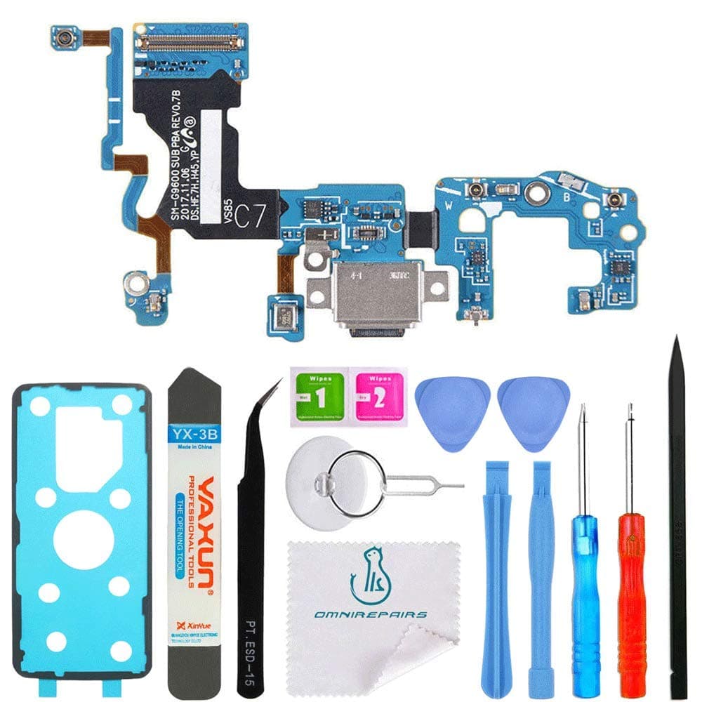 OmniRepairs Charging USB Dock Port Flex Cable Replacement with Microphone and Coaxial Antenna Compatible for Samsung S9 Model (G960F) Adhesive and Repair Toolkit (International)