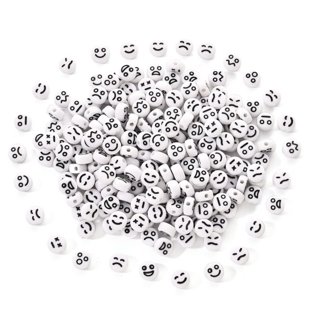 DanLingJewelry 200pcs Random White Expression Beads Acrylic Smiley Beads Expression Loose Spacer Beads for DIY Jewelry Making Bulk