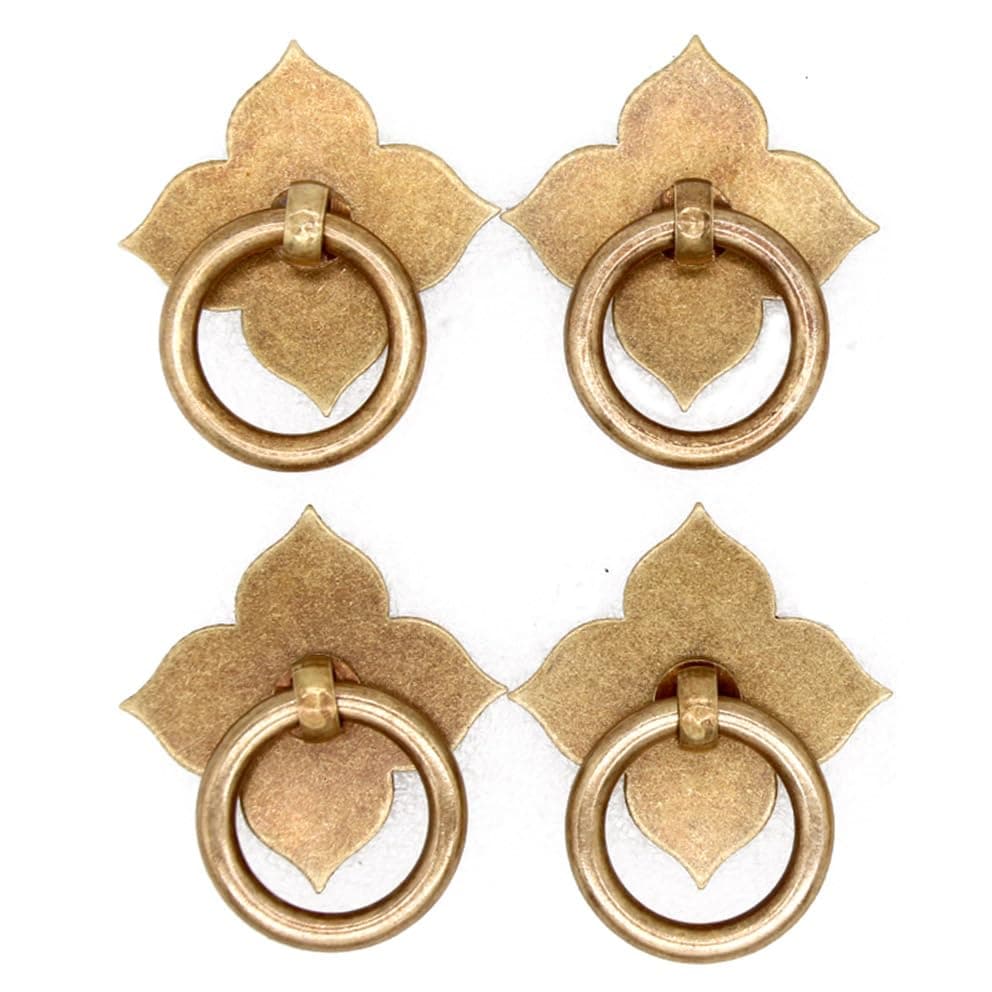 LXZ 4 PCs Vintage Antique Bronze Ring Pulls with Four-Leaf Clover Shaped Base - Pure Solid Brass Cabinet Hardware- Ring Size 1.2-in (3 cm)