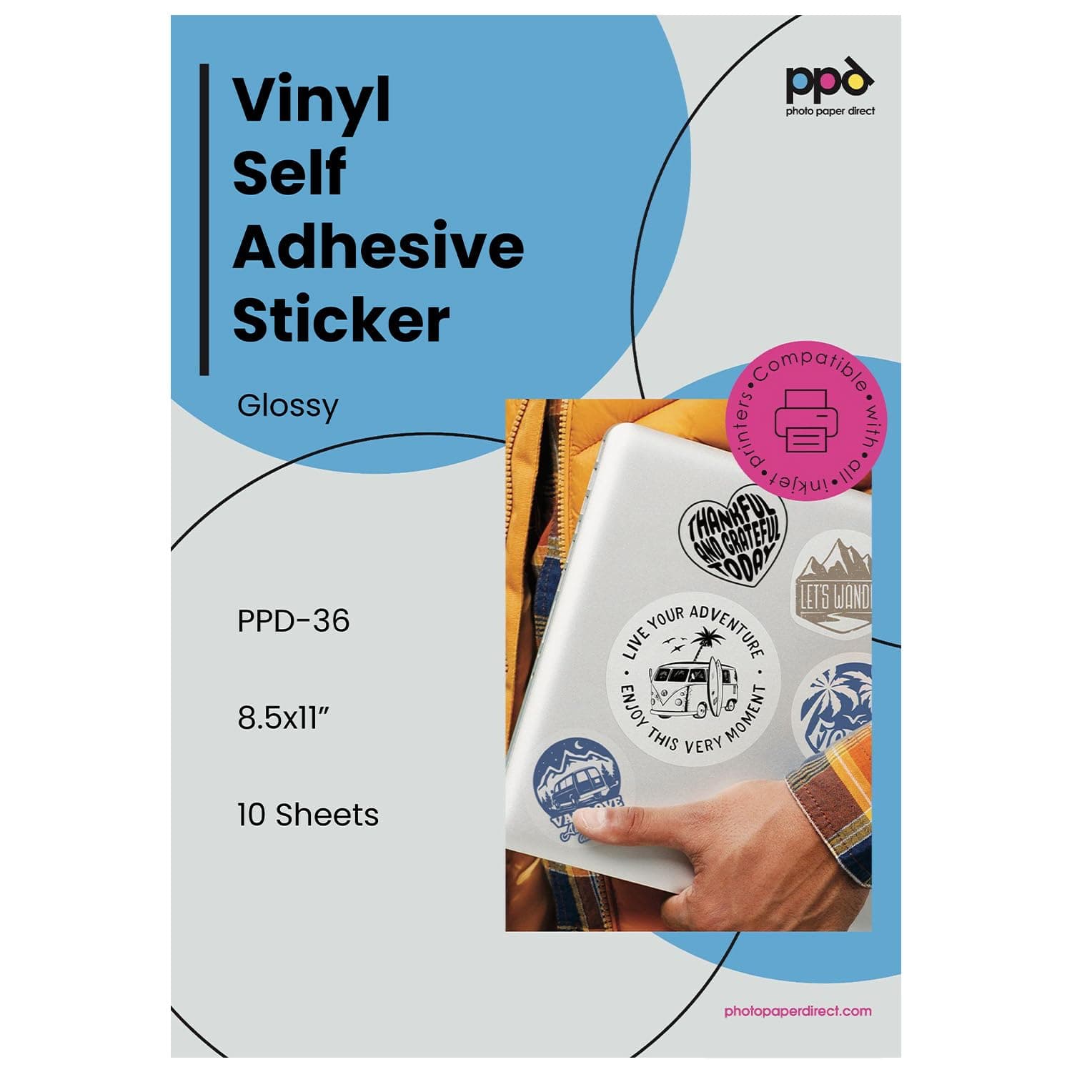 PPD 10 Sheets Inkjet Creative Media Waterproof Glossy Self Adhesive PVC Vinyl Sticker Paper 8.5x11 True Photographic Quality 4.1mil Thin Full Sheet Instant Dry Scratch and Tear Resistant (PPD-36-10)
