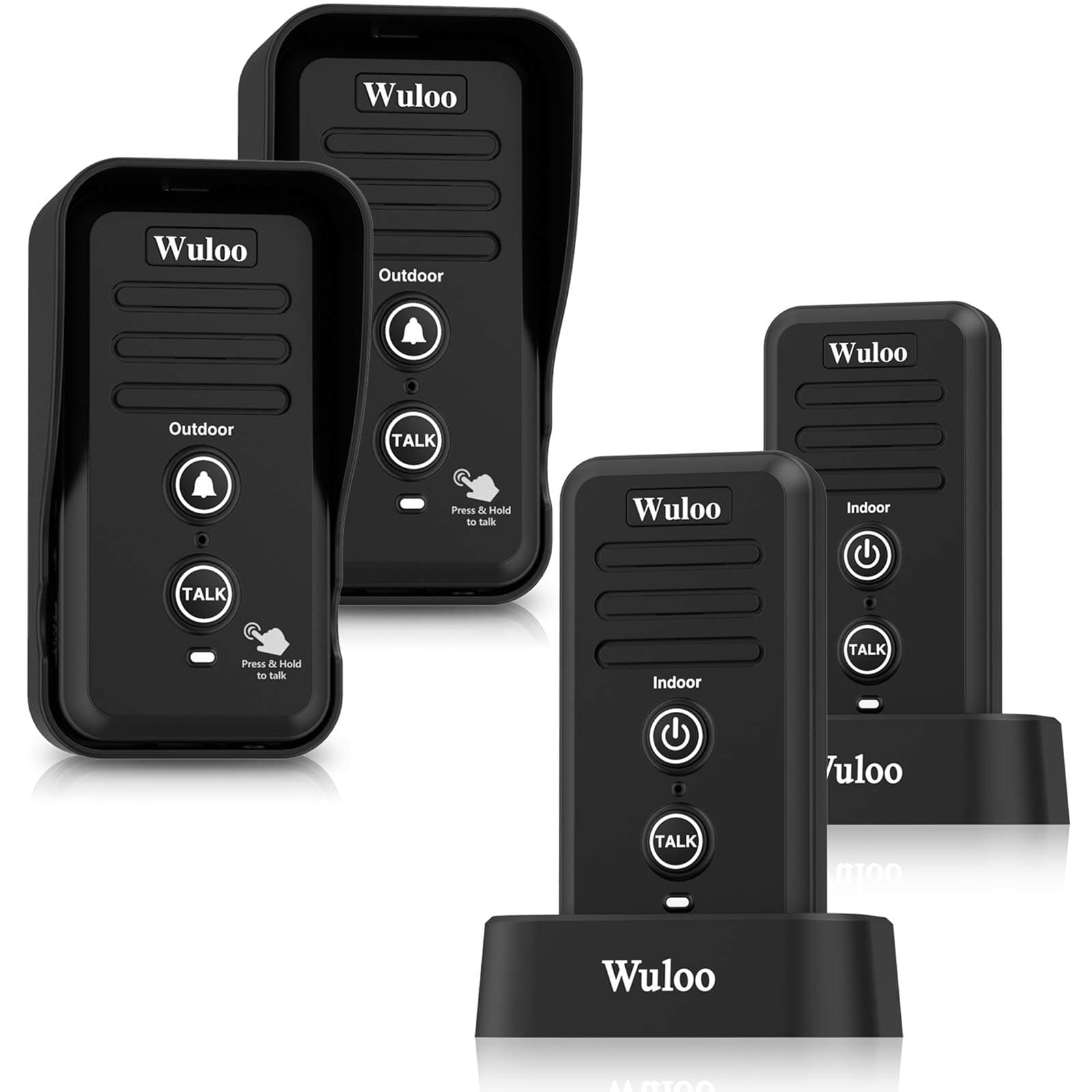 Wuloo Wireless Intercom Doorbells for Home Classroom, Intercomunicador Waterproof Electronic Doorbell Chime with 1/2 Mile Range 3 Volume Levels Rechargeable Battery (Black, 2&2)