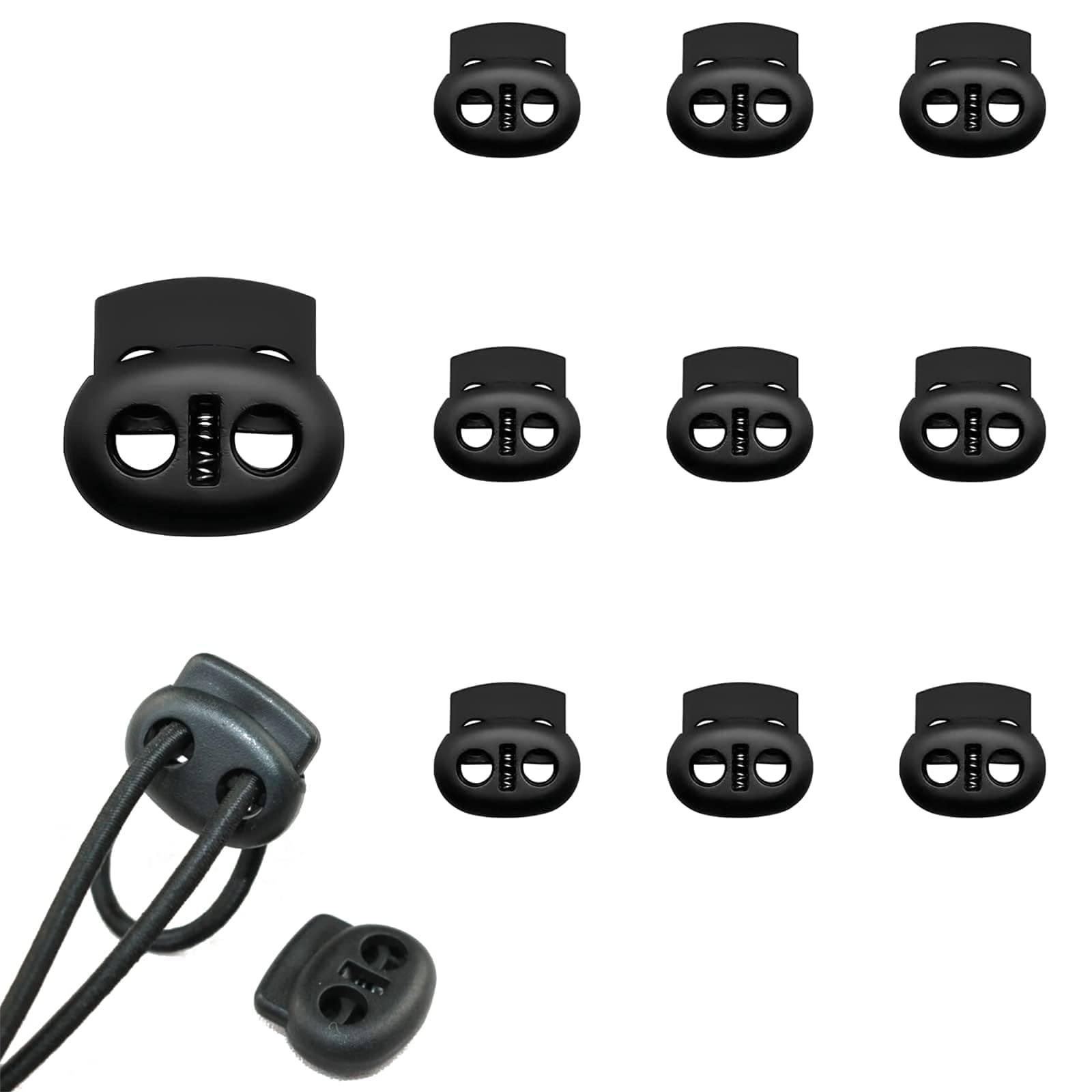 Toggles for Drawstrings 10 Pack Cord Locks Set, Dual-Holes Spring Set Double Holes Toggle Loaded Plastic Round Ends Stopper Fastener Oval Locks, Black, M, (SQ-SKTHSSTZ01-BK10-CX-UK)
