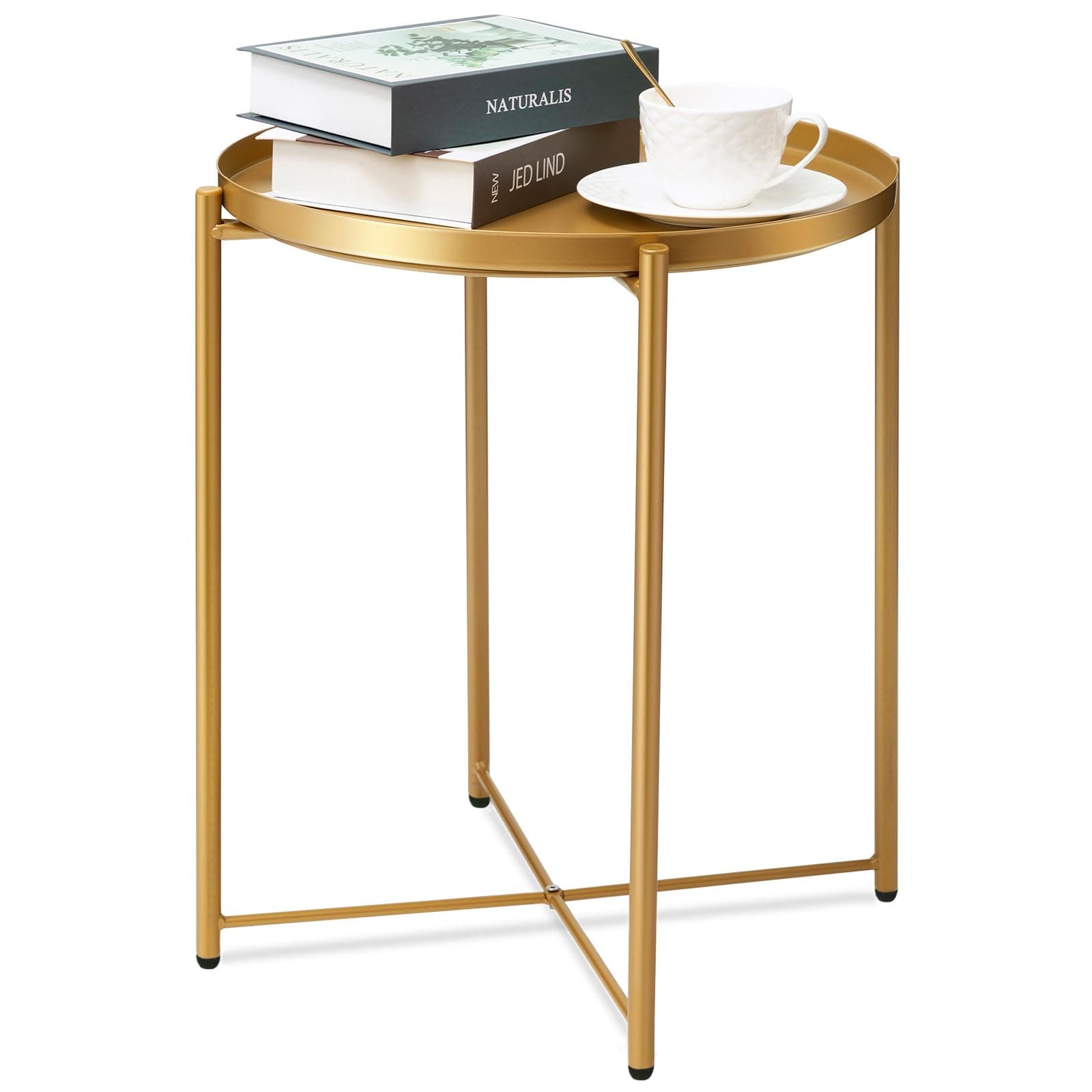 danpineraGold Side Table, End Table for Small Spaces Outdoor Desk Round Metal Patio Coffee Nightstand Waterproof Removable Tray Desk for Living Room Bedroom Balcony Office