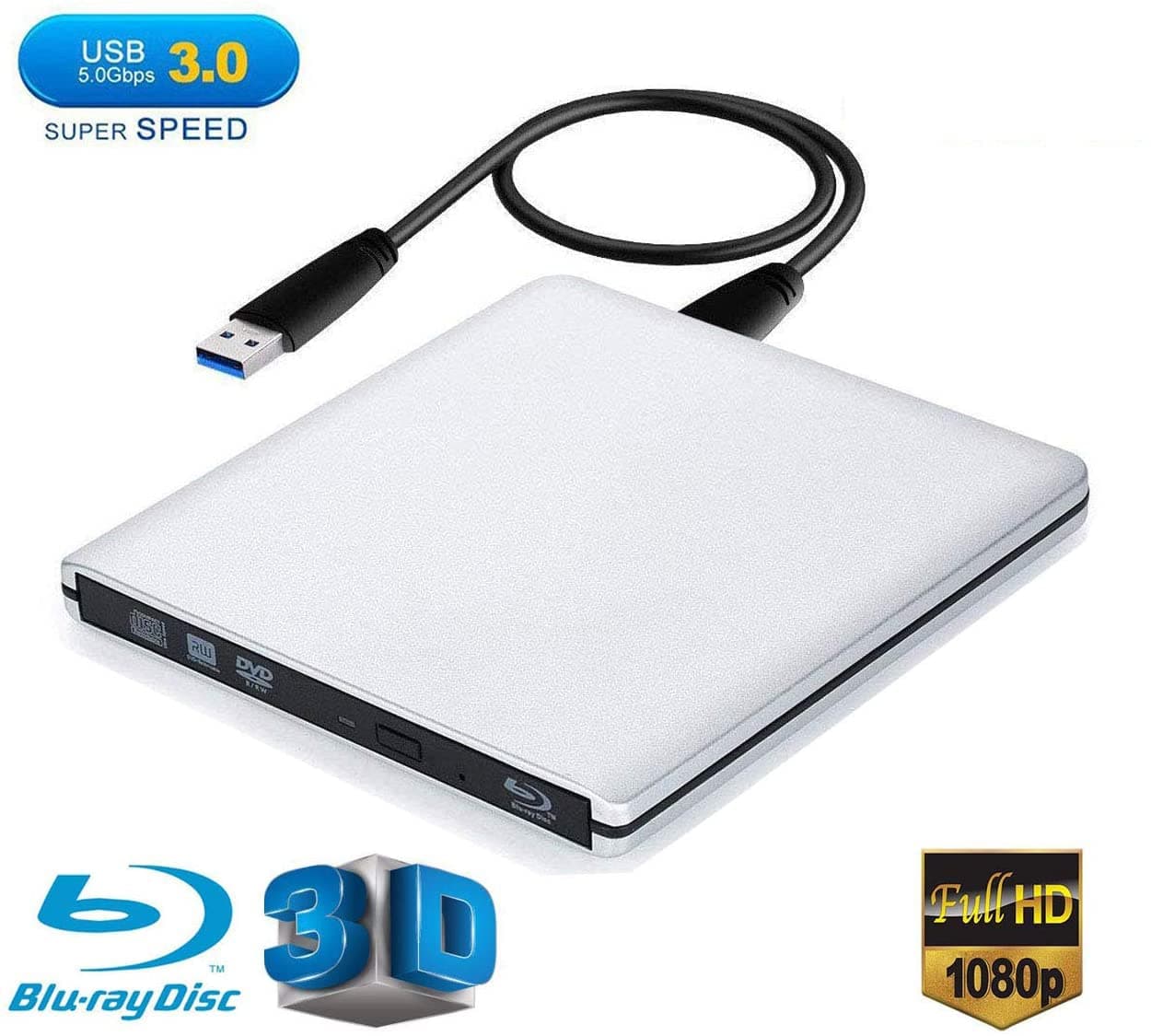 Blu ray Drive DVD Drive External USB 3.0 Ultra Slim 3D Blu Ray Player Writer Portable BD/CD/DVD Burner Drive with Polished Metal Chrome for Mac,Windows 10,XP,Vista,Laptop,PC (Silver-)