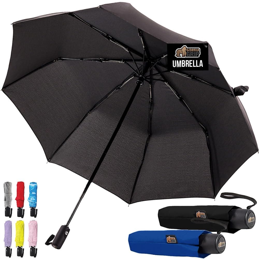 GORILLA GRIP Strong Windproof Stick Compact Umbrella for Rain, 2 PK, One-Click Automatic Open Close, Durable Quick Dry Waterproof Material, Lightweight, Portable, Travel Size Fits Backpack, Black Navy