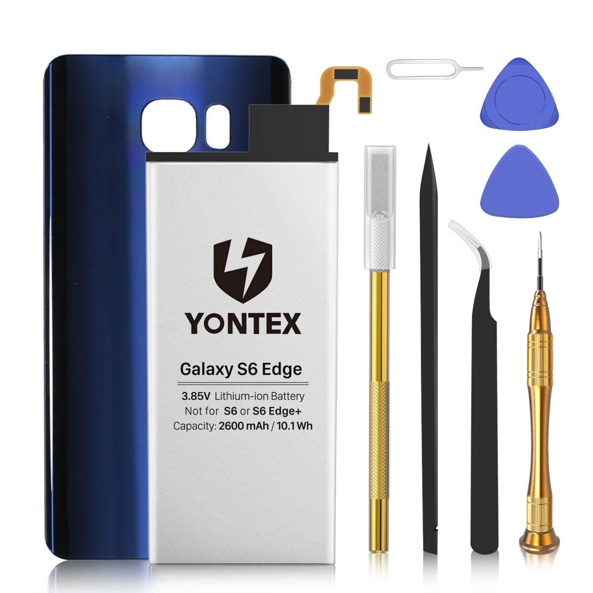 YONTEX Galaxy S6 Edge Battery with Back Glass Replacement (Blue) and Repair Tool Kit, 2600mAh 0 Cycle Battery Replacement for Samsung Galaxy S6e - 24-Month Warranty