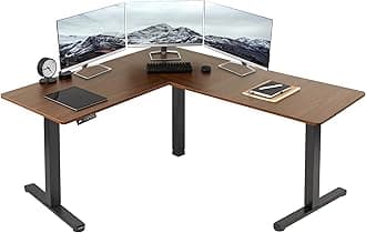 Corner Standing Desk, 63 x 55 inch Reversible L-Shaped Workstation, Electric Height Adjustment, Home, Office, and Reception Rooms, Dark Walnut Table Top Black Frame, DESK-E3CTD