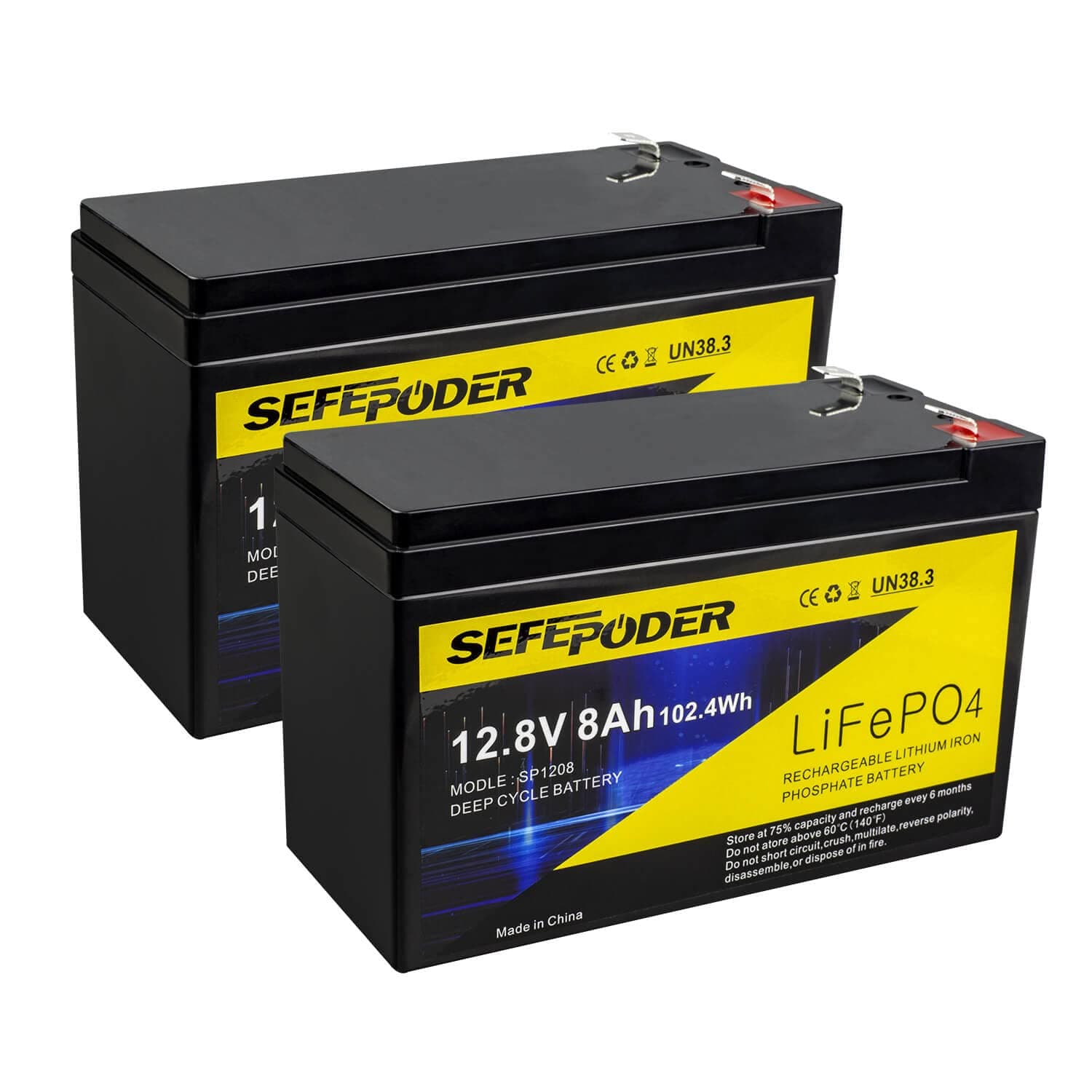 SEFEPODER 12V 8Ah Lifepo4 Lithium Deep Cycle Battery 2 Pack, 2000+ Cycle Rechargeable Battery for Small Solar, Power Wheels, Lighting, Fish Finder, Off-Grid Applications with Built-in 10A BMS