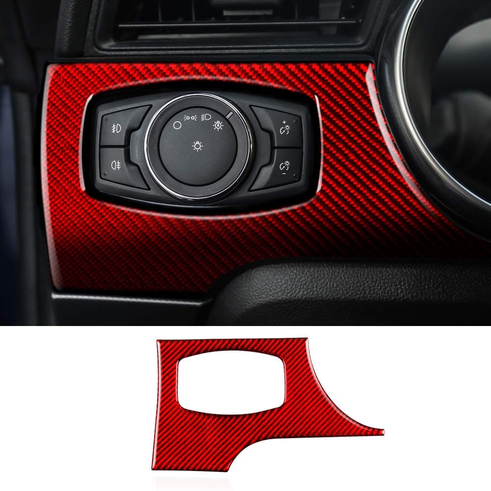Car Styling Carbon Fiber Headlight Switch Button Decorative Frame Cover Trim Sticker for Ford Mustang 2015 2016 2017 2018 2019 Accessories (1 Piece - Red)
