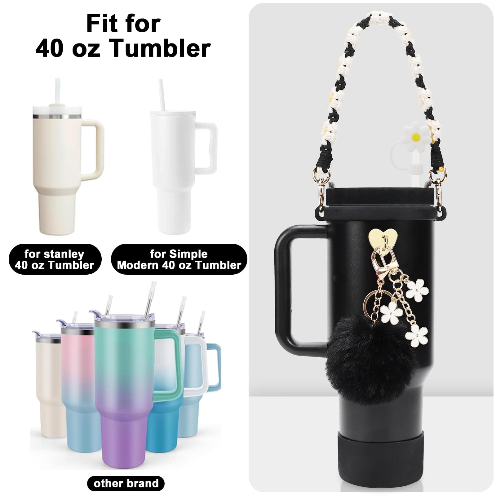 Stanley Cup Accessories Set Including Water Bottle Handle Strap, Siliocne Stanley Cup Boot, Siliocne Straw Cover, Stanley Charms for Stanley Cup 40oz & 30oz Tumbler