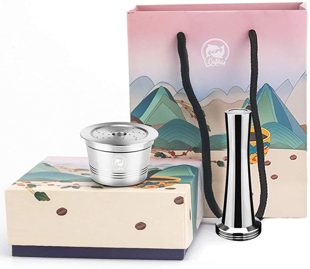 Refillable Stainless Steel Coffee Capsule Reusable refill capsule Coffee filter Compatible for K-fee Caffitaly Tchibo Cafissimo Classic ALDI Expresso Coffee Capules Machines (1 Pod,1 Tamper)