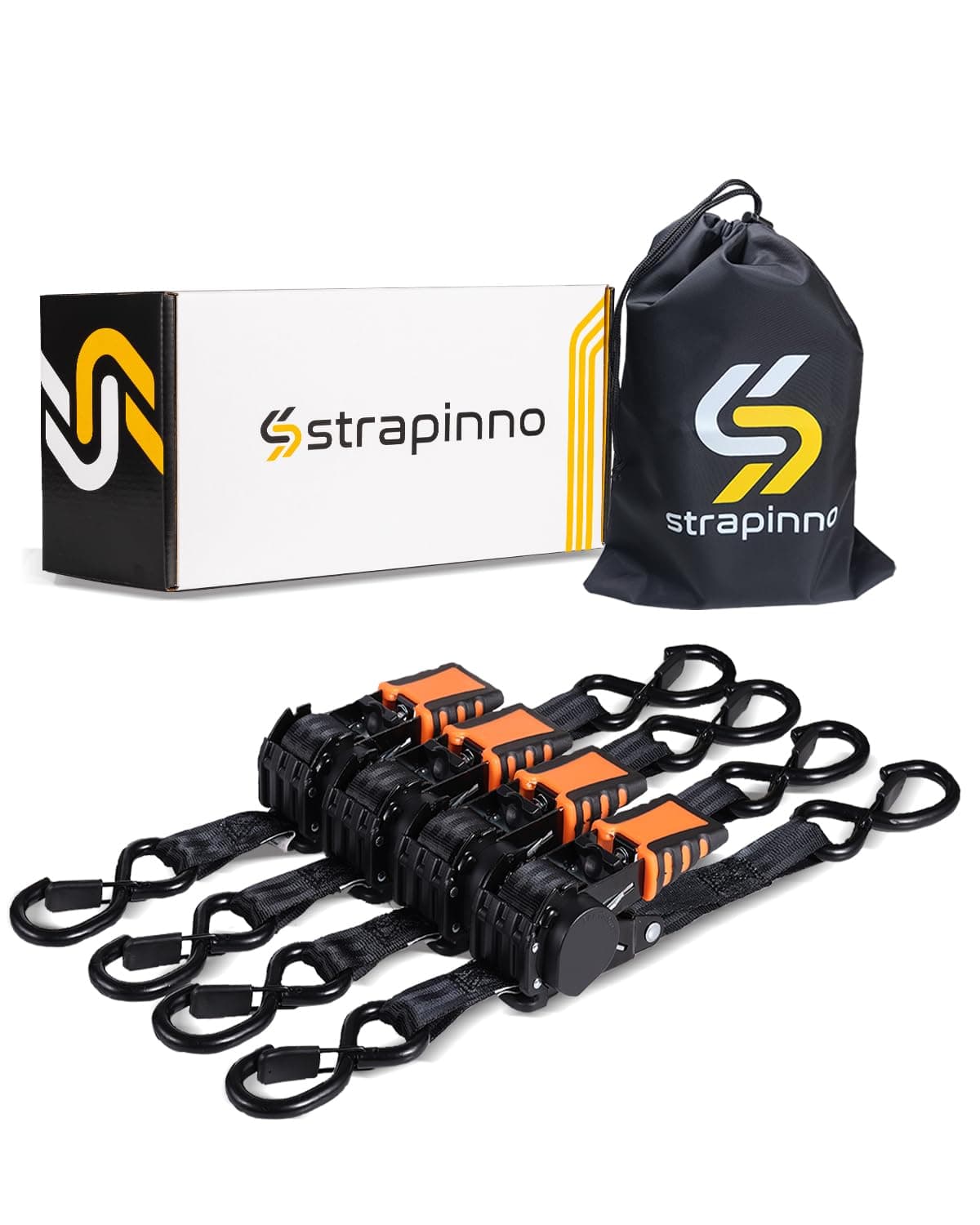 Strapinno 4pcs Retractable Ratchet Straps Bundle 1 in x 6 ft, Secure Tie-Downs with Rubber-Coated Steel Handles, S-Hooks & Durable Hardware for Daily Use with Breaking Strength - 1,500LBS/680KG Each