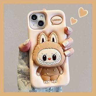 COVERLY for iPhone 14 3D Labubu Cartoon Pop Case,Premium Silicone Case Plush Love Light Cream Color with Phone Holder Cool Full Protective Cute Kawaii Aesthetic Cover for Apple iPhone 14