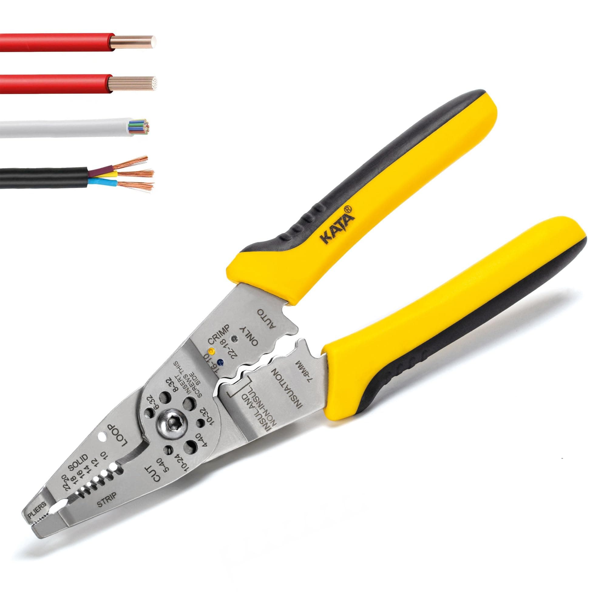 KATA 8-Inch Wire Stripper Tool - Professional Wire Stripping, Cutting & Crimping Pliers for 10-22 AWG Solid & Stranded Wire - Heavy Duty Electrician Hand Tool with Non-Slip Grip