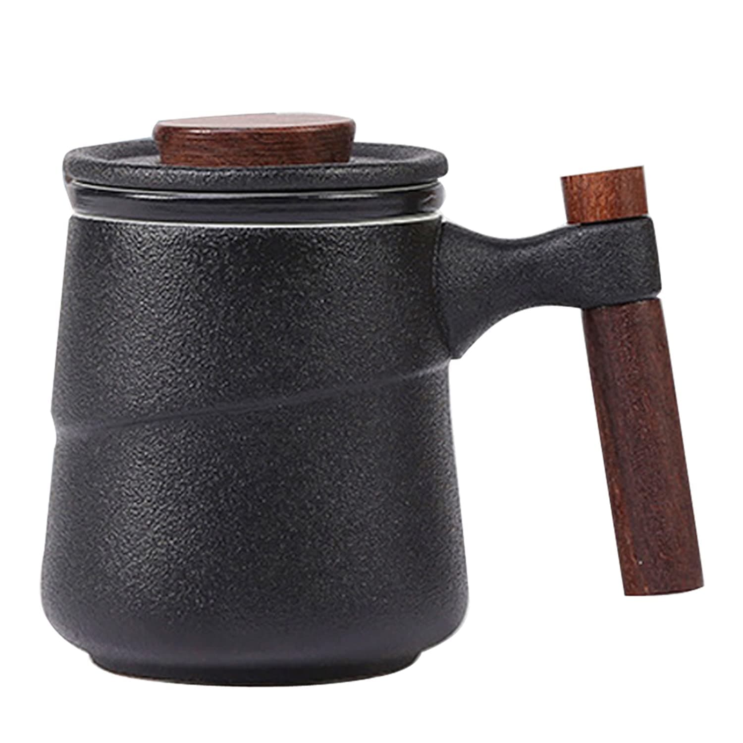 Tea Cup with Infuser and Lid, Retro Tea Mug Cups with Infuser, Wood Handle Ceramic Coffee Mug with Lid for Steeping Loose Leaf Tea 320ml/10.82OZ (Black)