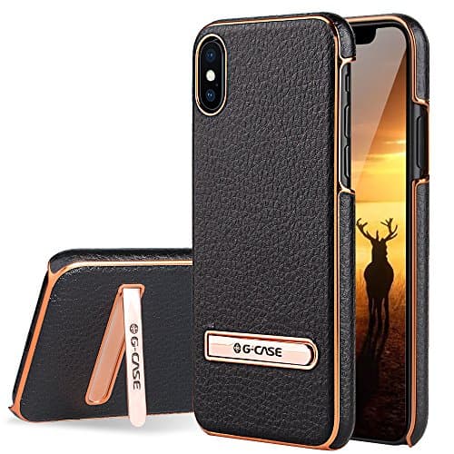 iPhone X/iPhone Xs Case, G-CASE [Plating]- [Metal Kickstand] [Anti-Scratch] [Synthetic Leather] [Shockproof] Phone Case Cover for Apple iPhone X/XS - Black