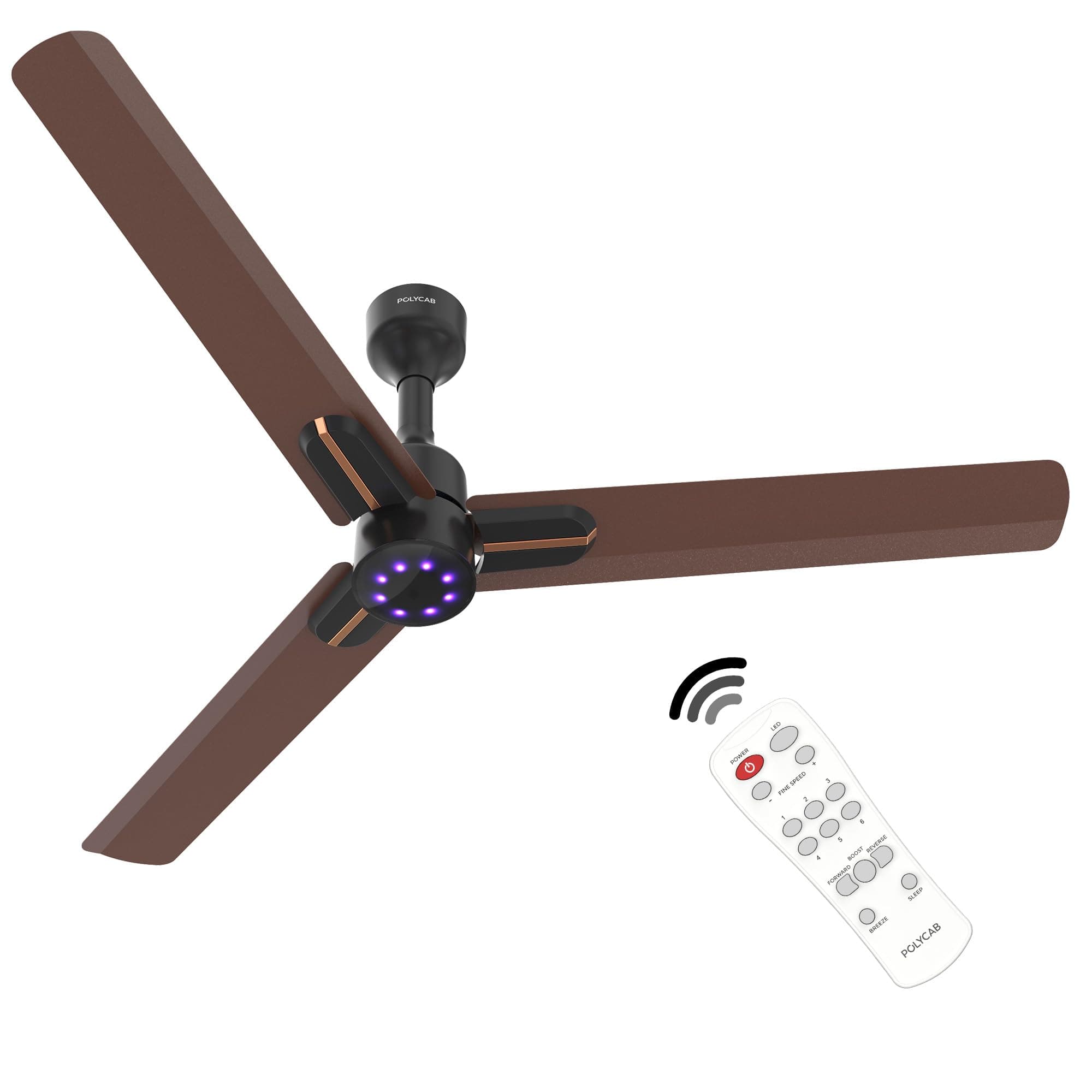 POLYCAB Wizzy Neo LED 1200mm 5-Star BLDC, Remote Ceiling fan for Living Room | 8 Purple LED Speed Indicator | High Air Delivery, 25 Speed Control,Free Installation【Brown Copper】