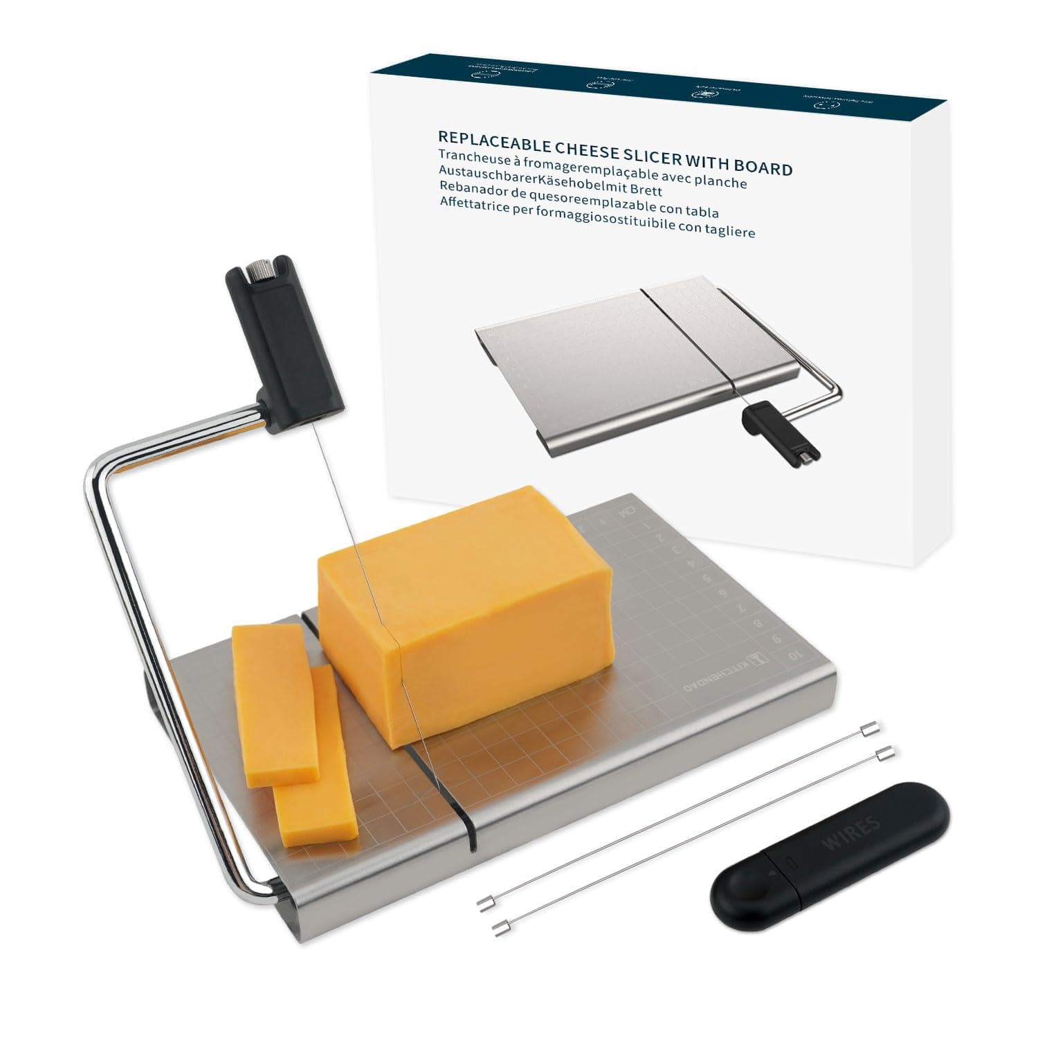 KITCHENDAO Replaceable Wire Cheese Slicer with Board and Measuring Grids,Tightness Adjustable Cheese Slicer, Stainless Steel Metal Cheese Cutter for Block Cheese, Dishwasher Safe, with 2 Extra Wires