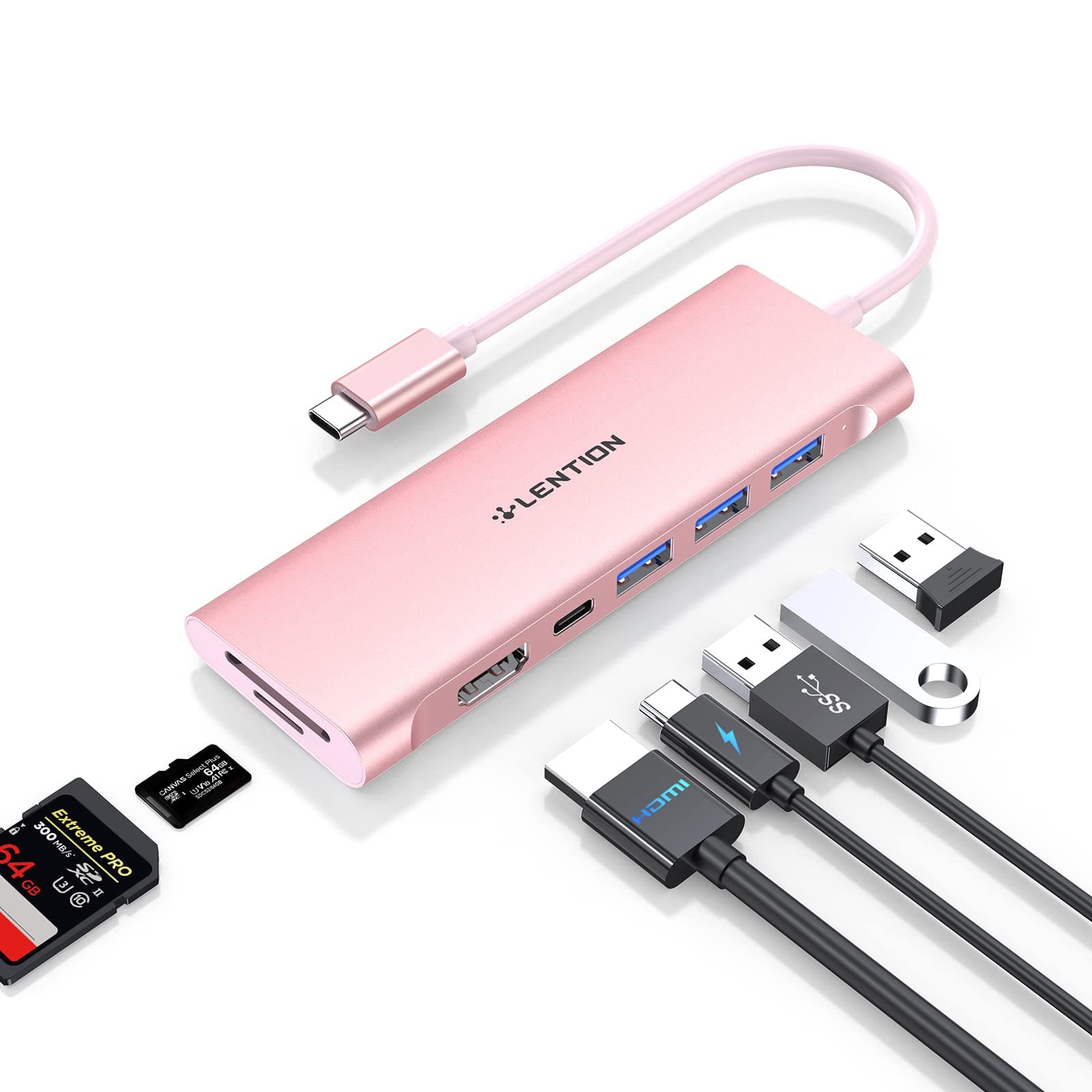 LENTION 7-in-1 USB C Multiport Hub with 4K HDMI, 100W PD, 3 USB 3.0 Ports, SD/MicroSD Card Reader Compatible MacBook Pro/Air/Neo 2016-2026 Type C Devices Stable Driver Adapter (CB-C36B, Rose Gold)