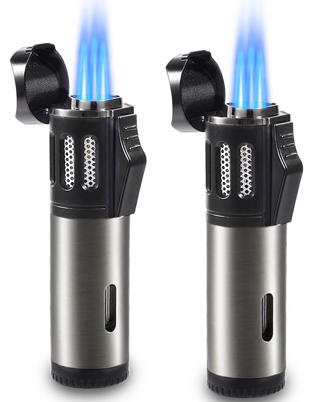 2 Pack Torch Lighter Triple 3 Jet Flame Butane Gas Lighter Refillable Jet Torch Lighters Adjustable Windproof Pocket Lighter for Grill Kitchen Fireplace Camping (Fuel Not Included)