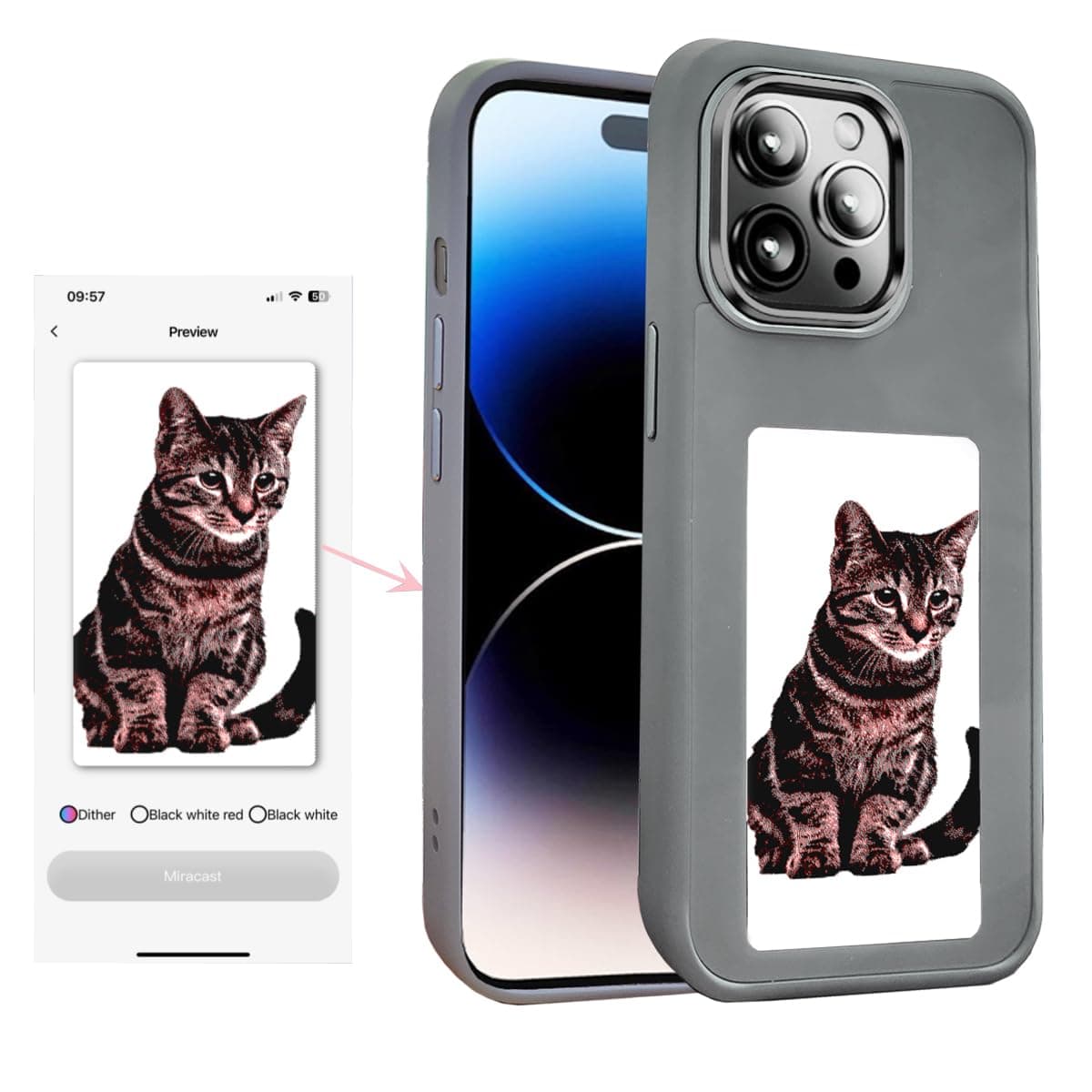Smart Ink Screen Phone Case for iPhone 13/iPhone 14,Supports NFC Transmission DIY Image (Gray)