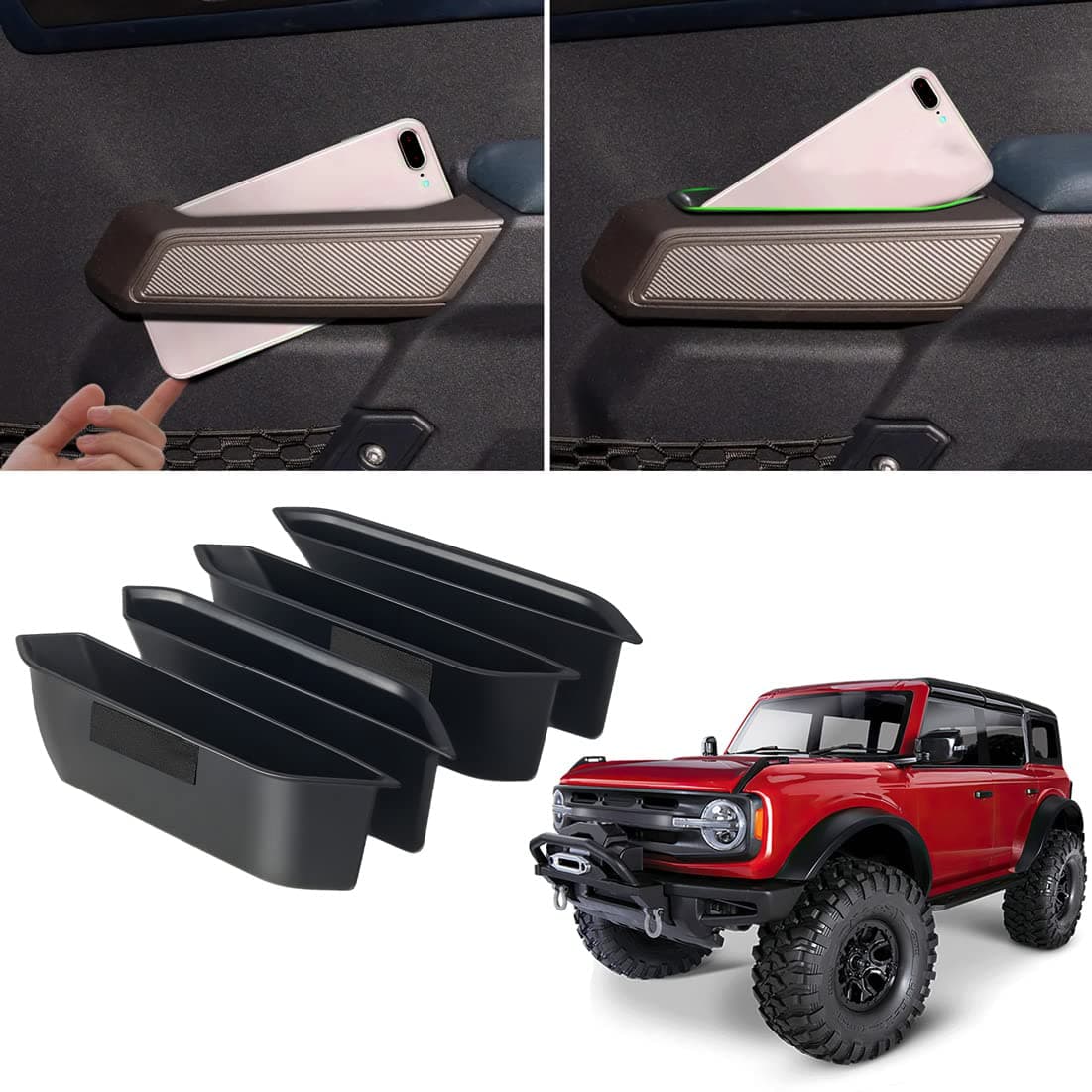 Door Handle Storage Box Container for Ford Bronco 2021 2022 2023 2024 2025 Car Interior Accessories, ABS Front and Rear Door Side Armrest Phone Pocket Organizer Insert Glove Pallet 4PCS