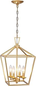 Untrammelife 4-Light Gold Lantern Pendant Light, Adjustable Height Metal Geometric Light Fixture 12'' Classic Cage Chandelier for Kitchen Island Hallway, Hand-Pasted Gold Foil Finish
