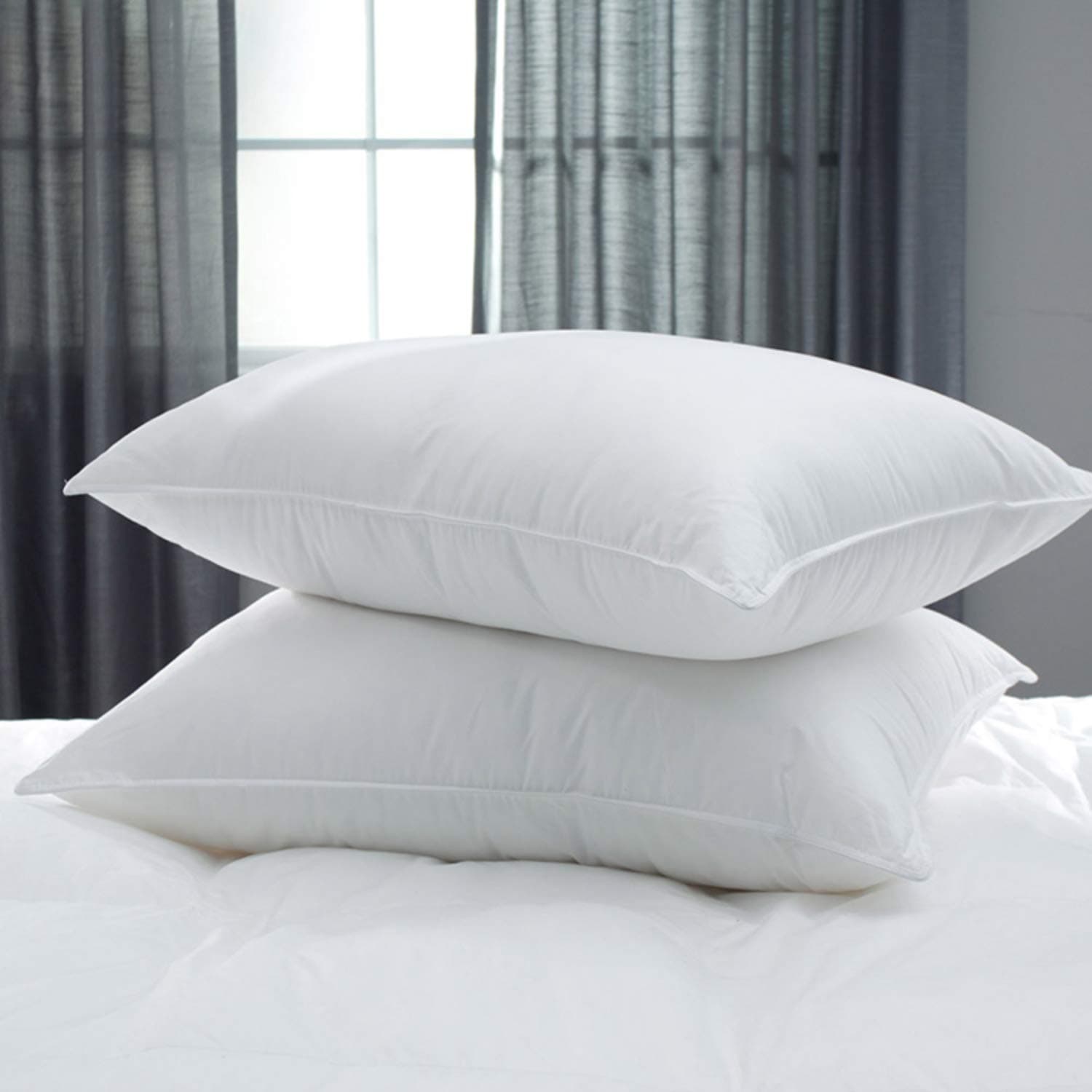 Iyan Linens Ltd White Duck FEATHER AND DOWN Pillow PAIR Hotel Quality Anti Dust Mite 100% Cotton Piped Egde Cover Hypo-Allergenic Pillow Only