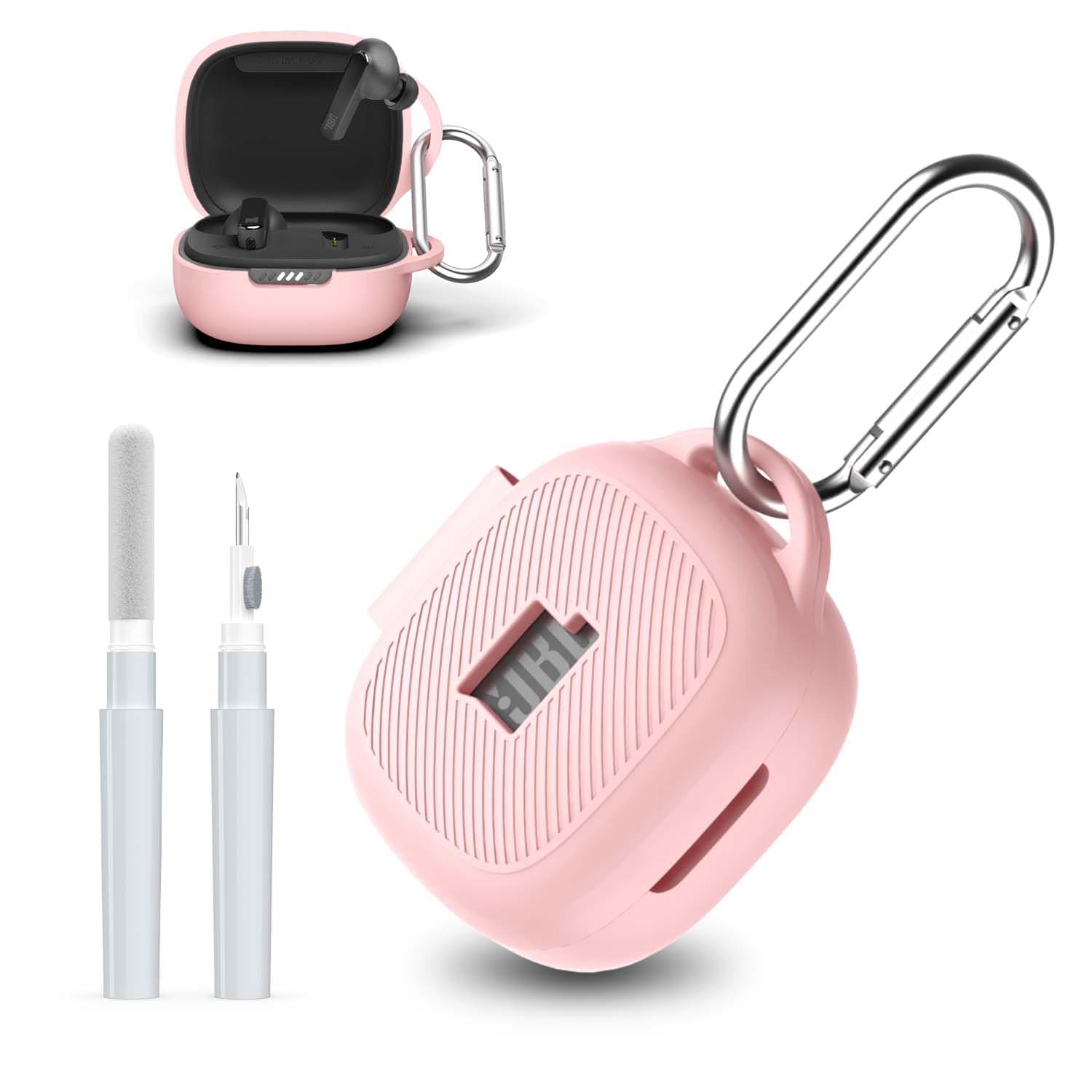 [3 in 1] for JBL Live Pro 2 Case Cover with Cleaner kit, Logo Visible Design Scratch Resistant Shockproof Silicone Protective Cover for JBL Live Pro 2 Earbuds with Carabiner-Pink