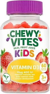 Chewy Vites Kids High Strength Vit D3, 60 Kids Vitamin D Gummies, 10 mcg 400 IU Vitamin D3, 2 Months Supply, Vegan, Real Fruit Juice, Age 3 +, Strawberry Flavour