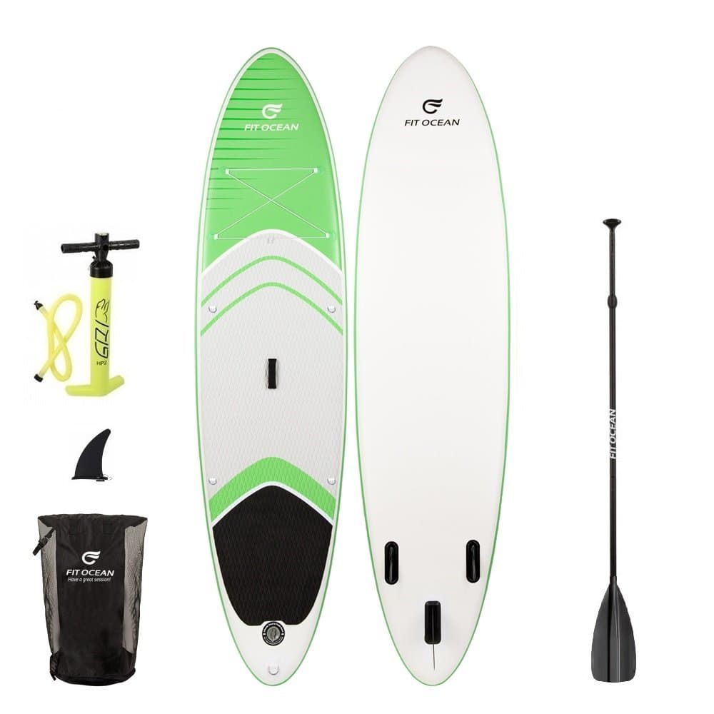 Fit Ocean Magic Glide 10'8 green. Inflatable 15 cm thick stand up paddle board and aluminium paddles. Learn to paddle easily: safe standing and super buoyancy. Includes: Double stroke pump and 3 pieces. Adjustable paddle and good backpack. iSUP 330 cm x 81 cm x 15 cm, military quality, very stiff, paddling with dry feet.