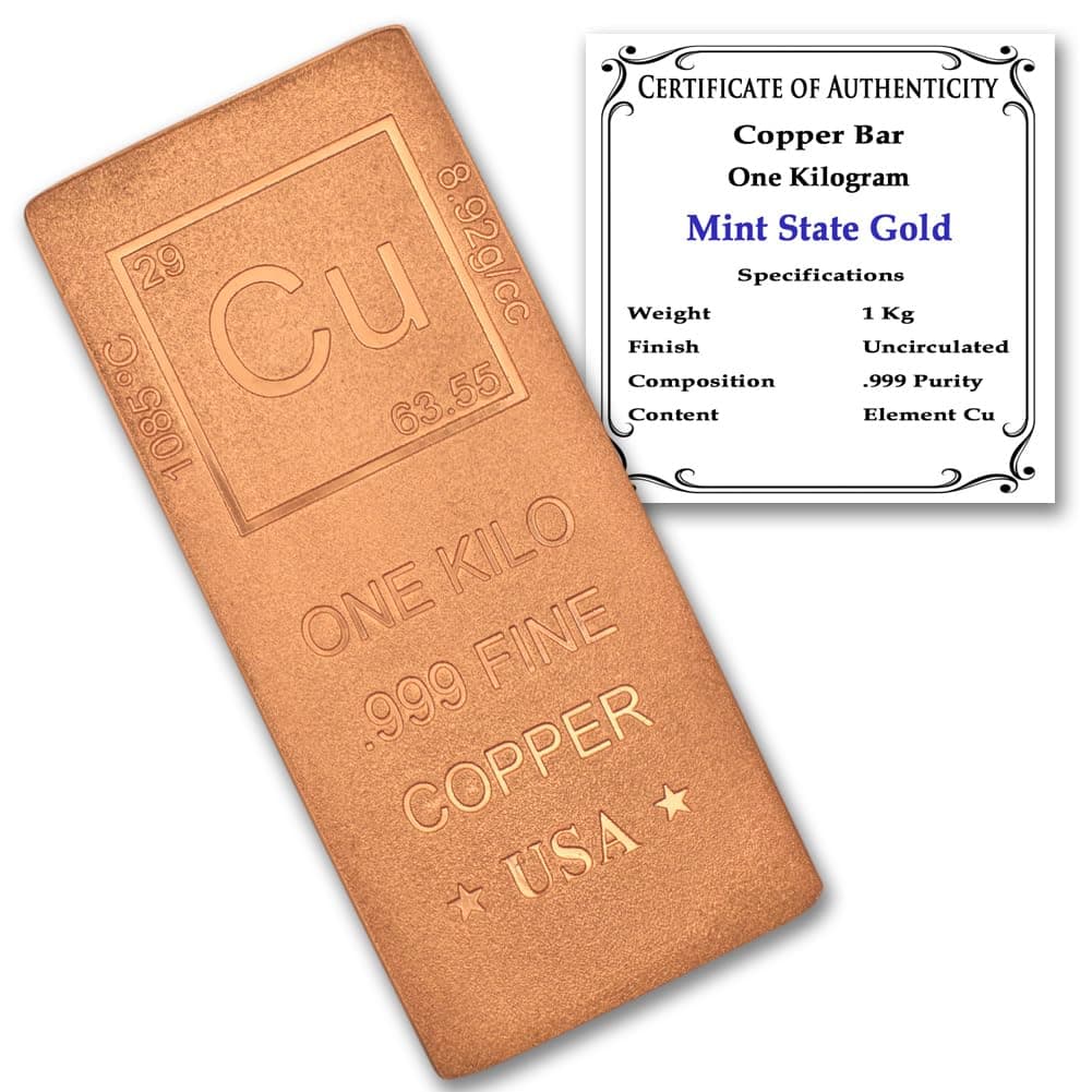 MINT STATE GOLD 1 Kilo Copper Bar (Flat Style) .999 Pure Bullion with Periodic Table Element Design