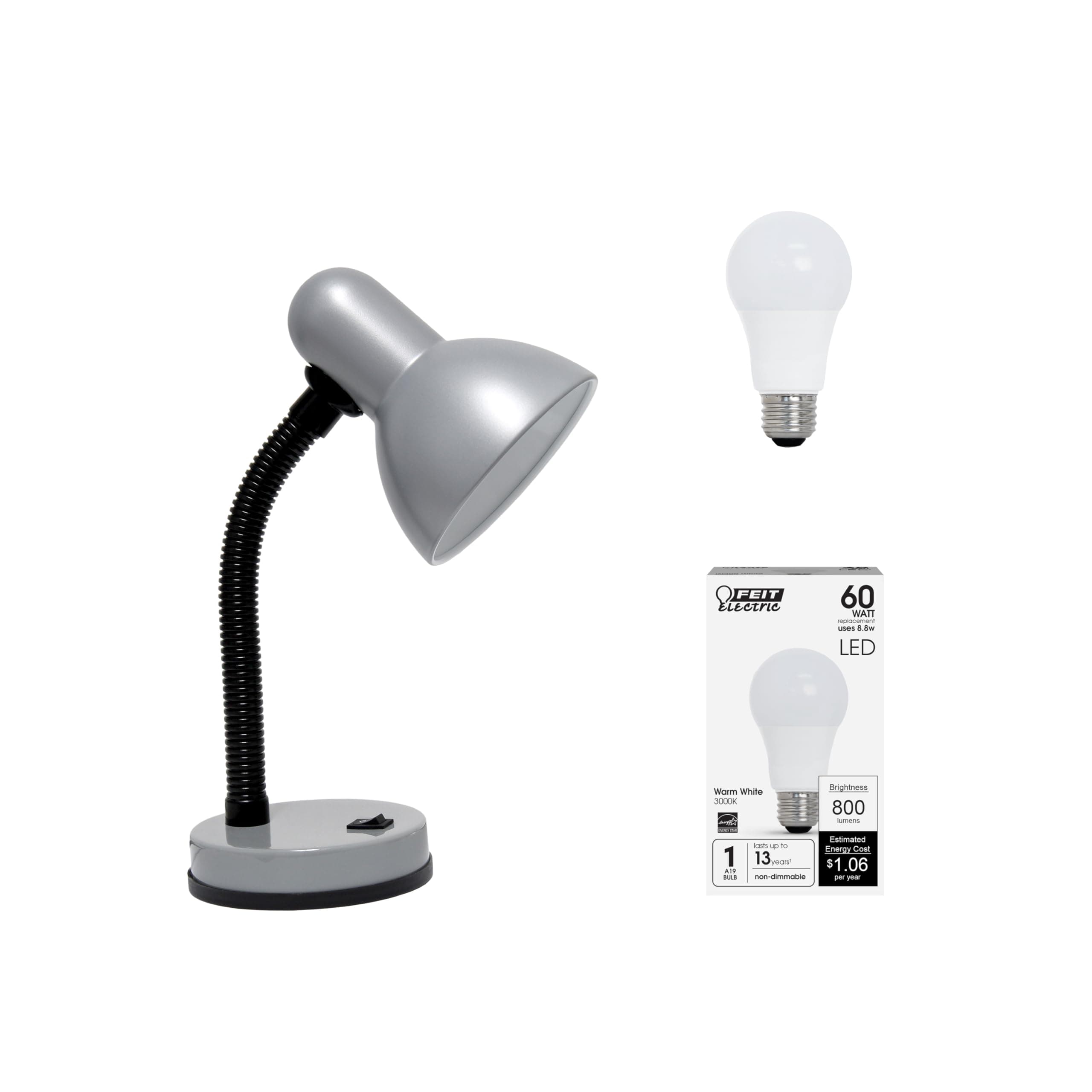 Simple Designs LD1003-SLV-LB 14.25" Basic Metal Desk Lamp with Flexible Hose Neck for Office, Living Room, Bedroom, College Dorm, Bookshelf, Silver, with Feit LED Bulb Included