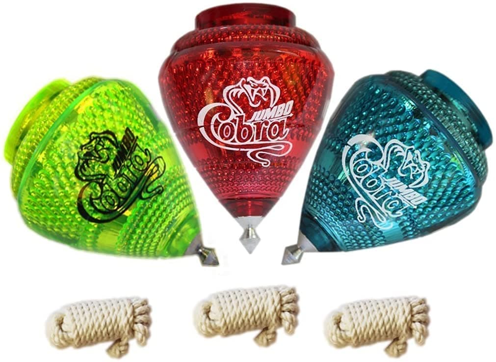 3 Pack Jumbo Cobra Durable Plastic Spin Tops for Kids Metal Tip Made in Mexico - Trompo Mexicano Jumbo Cobra Pl᳴ico Durable & Punta de Metal (Pack of 3 Assorted Colors)