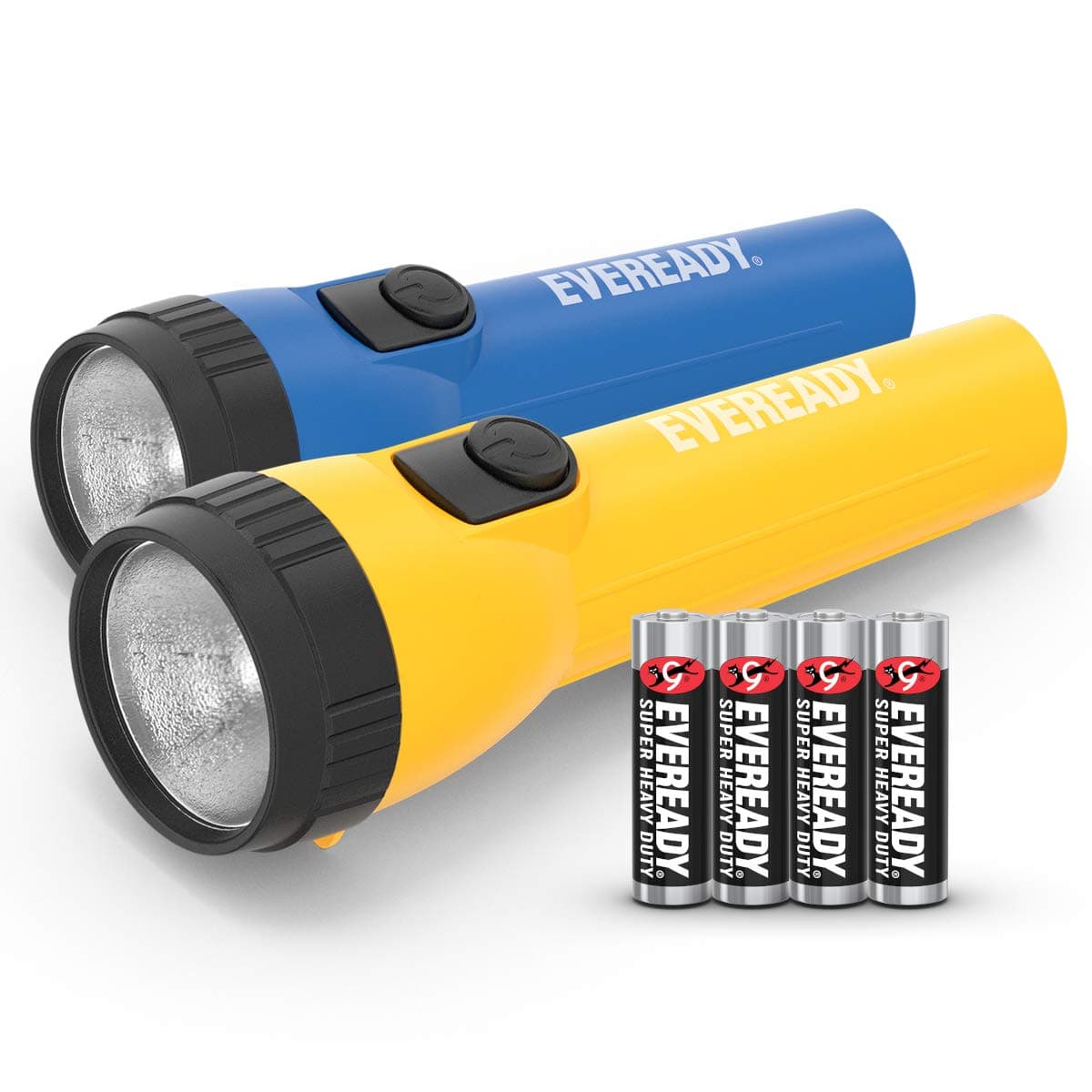 Energizer Eveready LED Torch (2 Pack), Super Bright Flashlight for Outdoors, Camping and Gifts (4 AA Batteries Included), Blue/Yellow